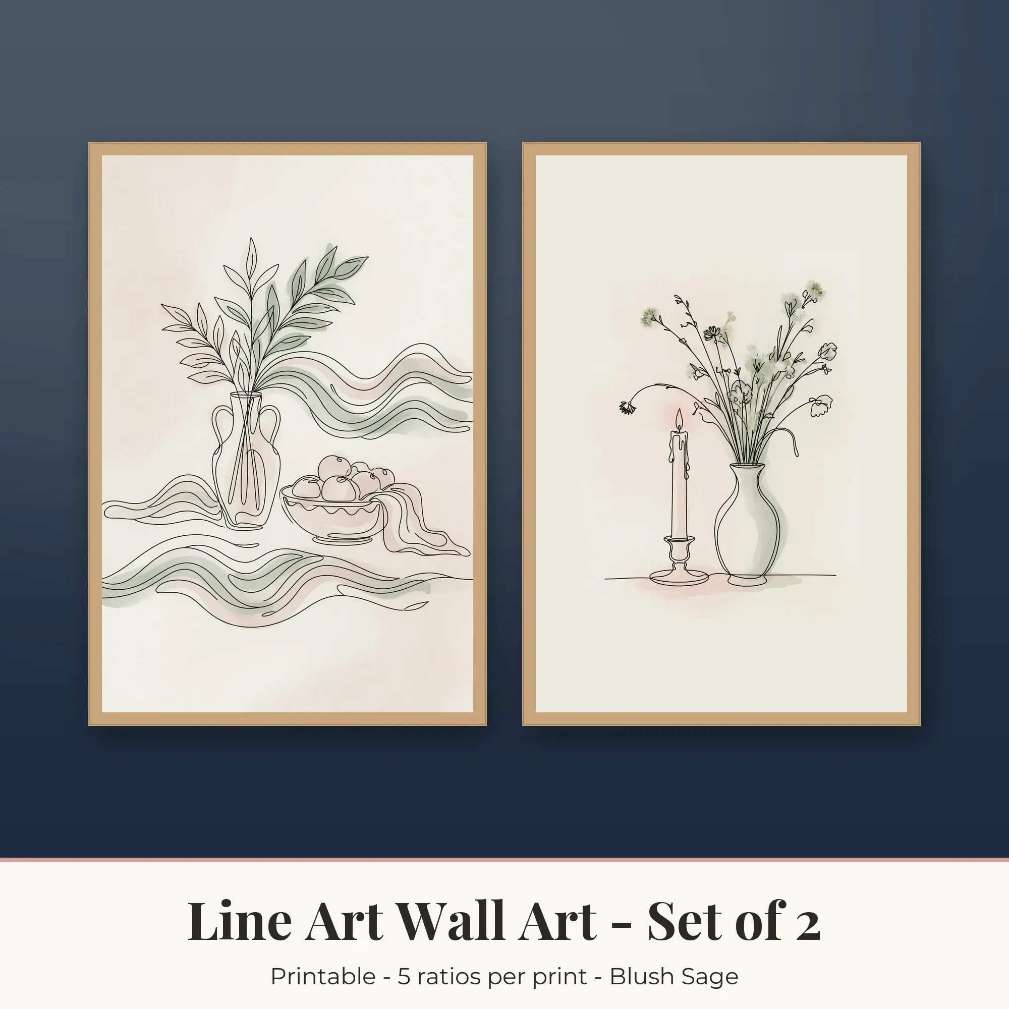 Line Art Printable Art Set of 2: Swimmer Waves and Candle and Vase preview