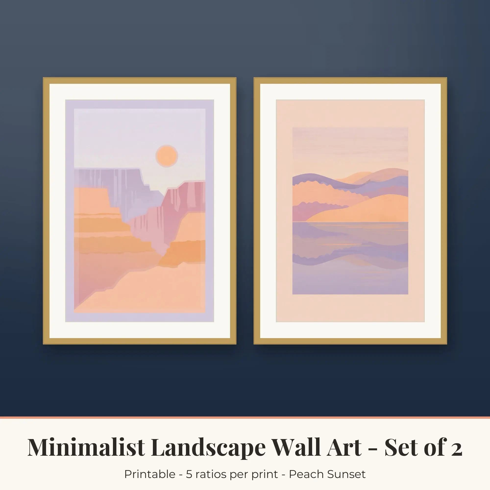 Minimalist Landscape Set of 2: Lake and Hills, Peach Sunset preview