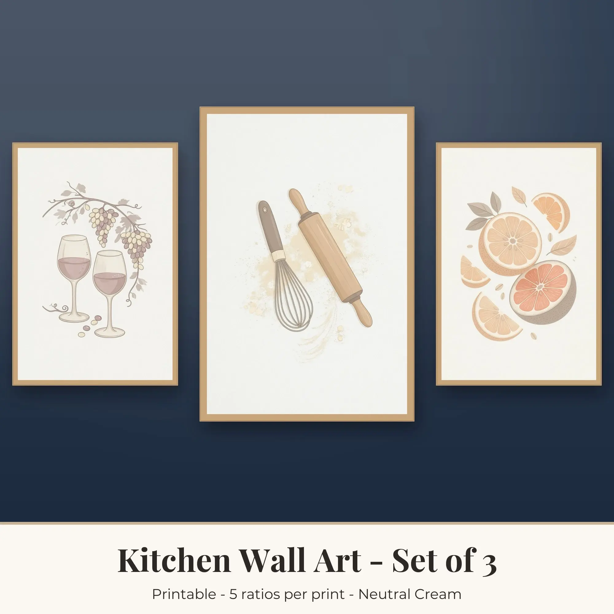 Kitchen Wall Art Set of 3, Neutral Cream Wine Glasses & Baking Whisk preview