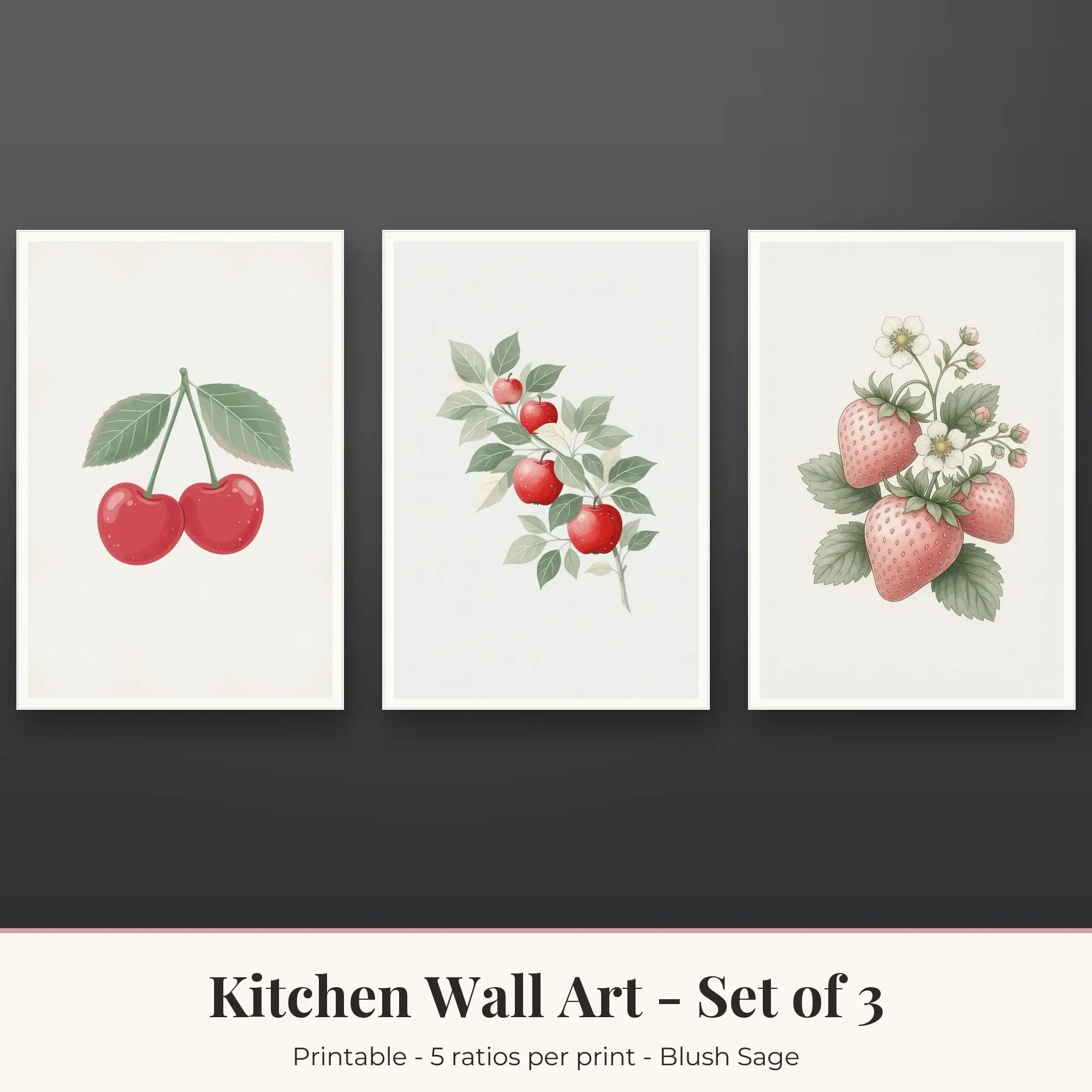 Kitchen Wall Art Set of 3, Blush Sage Cherries & Apple Orchard preview