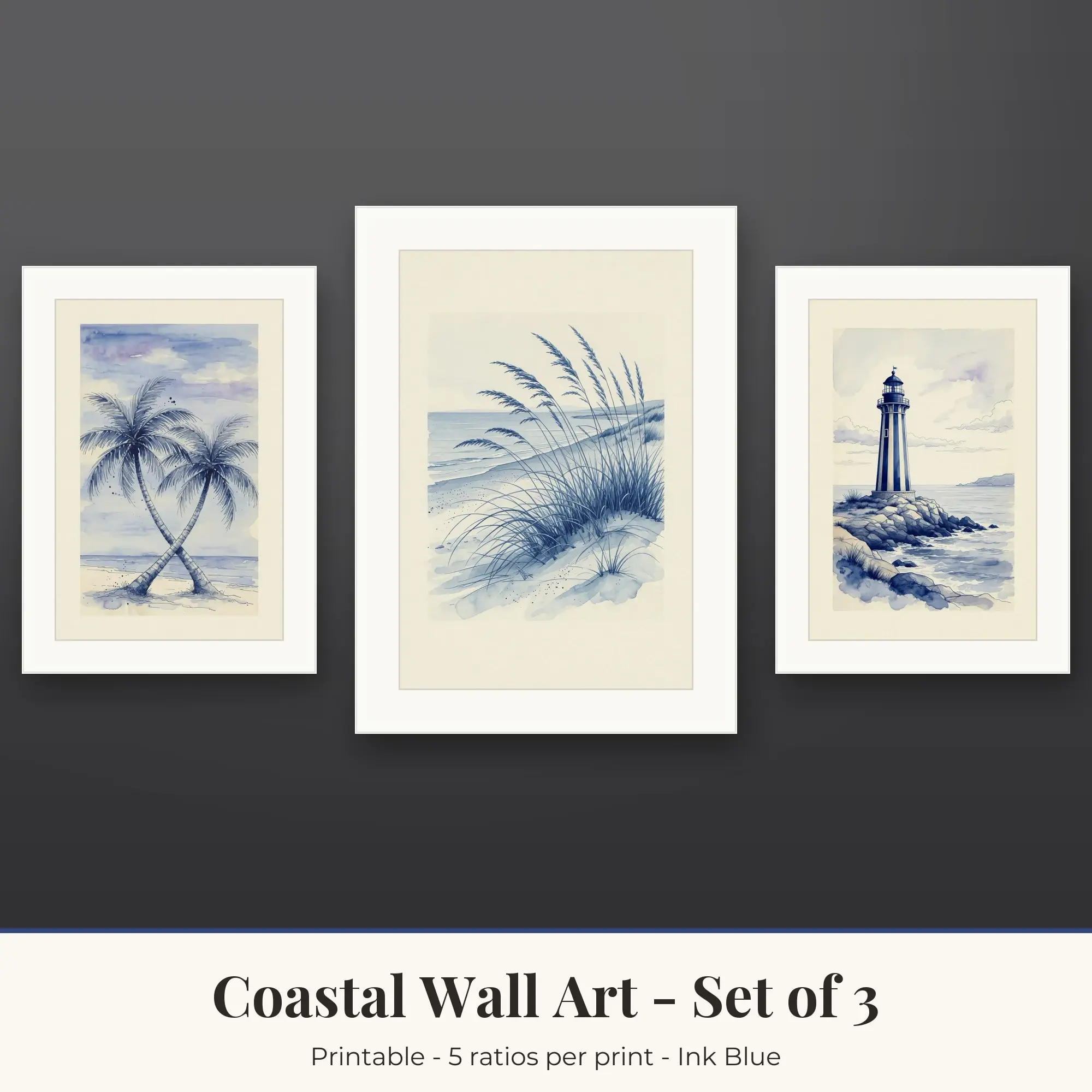 Coastal Printable Art Set of 3: Palm Trees, Dune Grass & Lighthouse preview