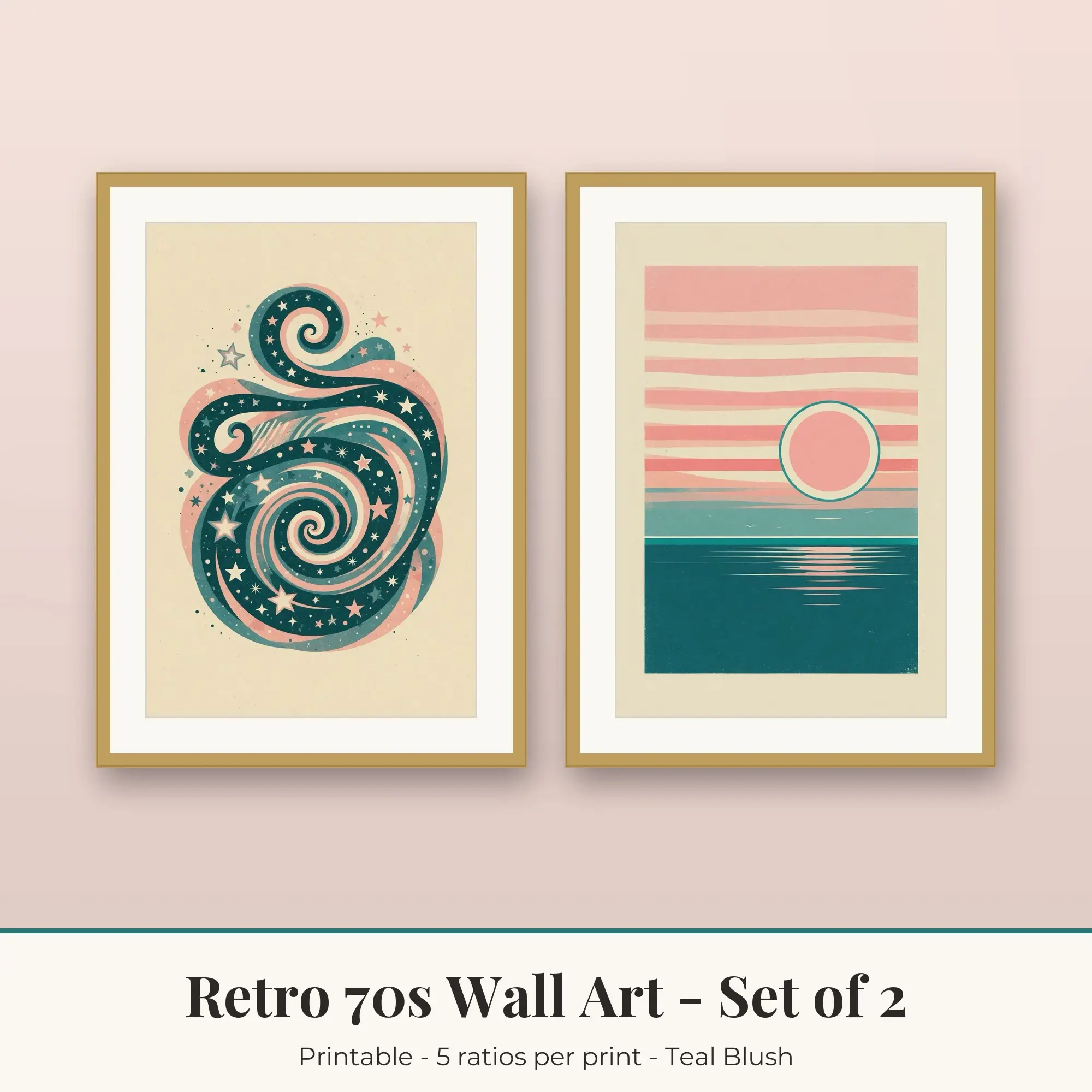 Retro 70s Printable Art Set of 2: Cosmic Swirl and Retro Sunset preview