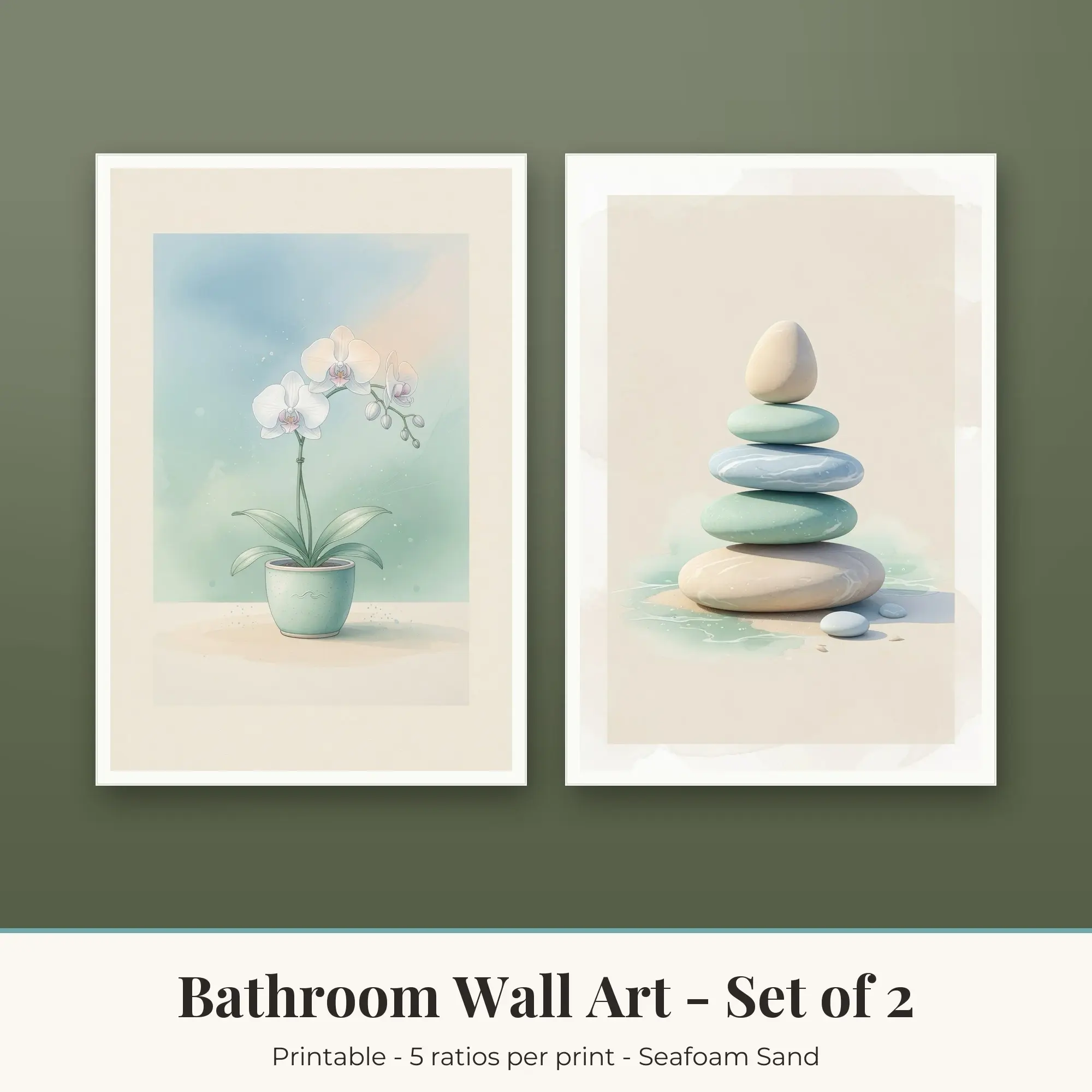 Bathroom Wall Art Set of 2 - Orchid and Stacked Stones - Seafoam Sand preview