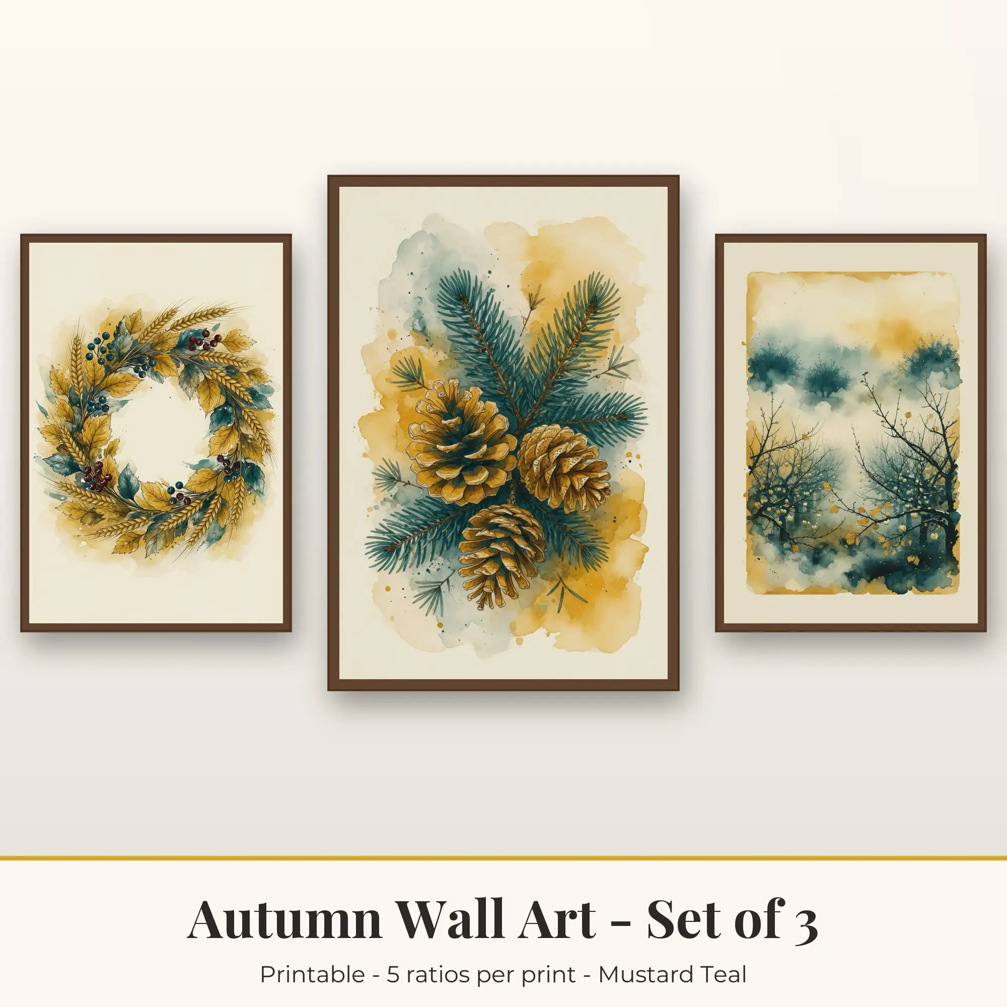 Autumn Wall Art Set of 3, Mustard Teal Harvest Wreath & Pine Cones preview