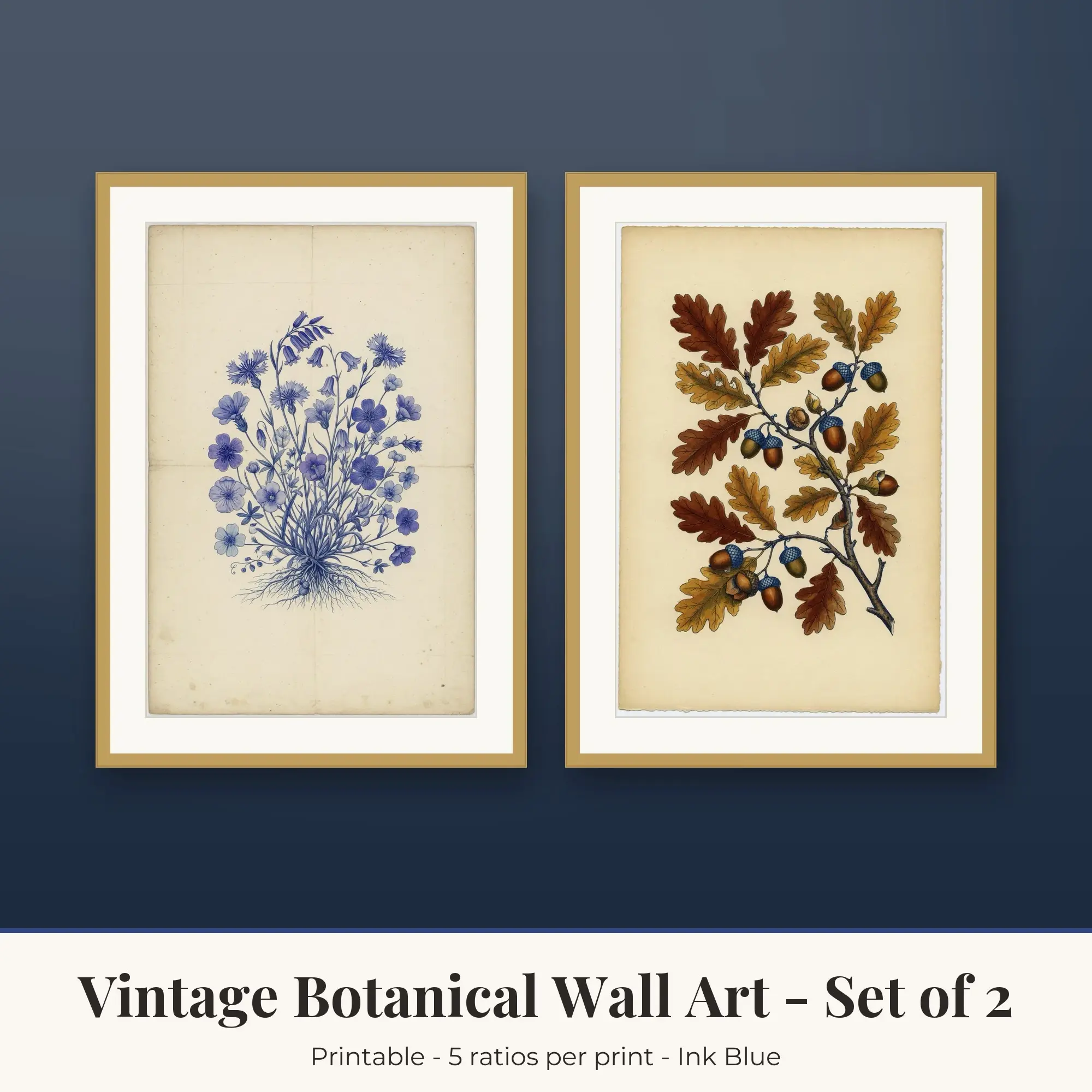 Vintage Botanical Printable Art Set of 2: Wildflowers and Oak Leaves preview