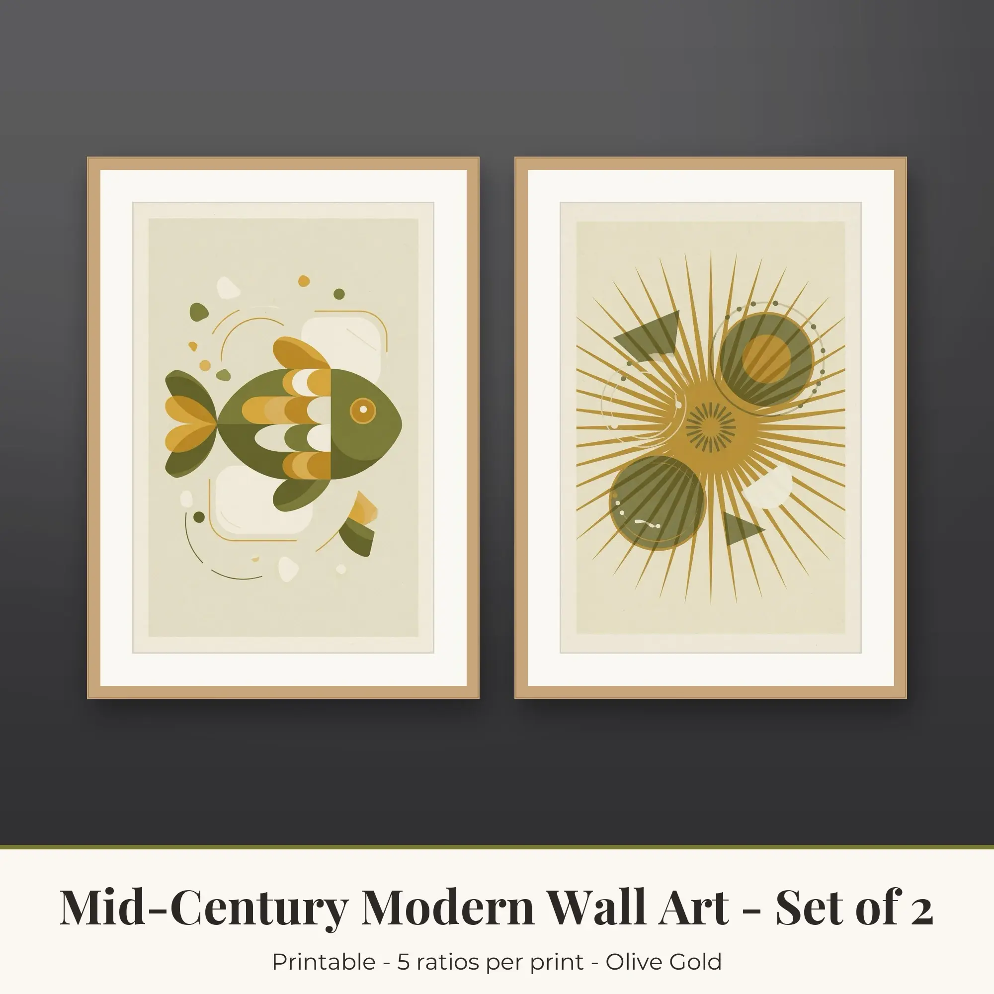 Mid-Century Modern Printable Art Set of 2: Geometric Fish and Sunburst preview