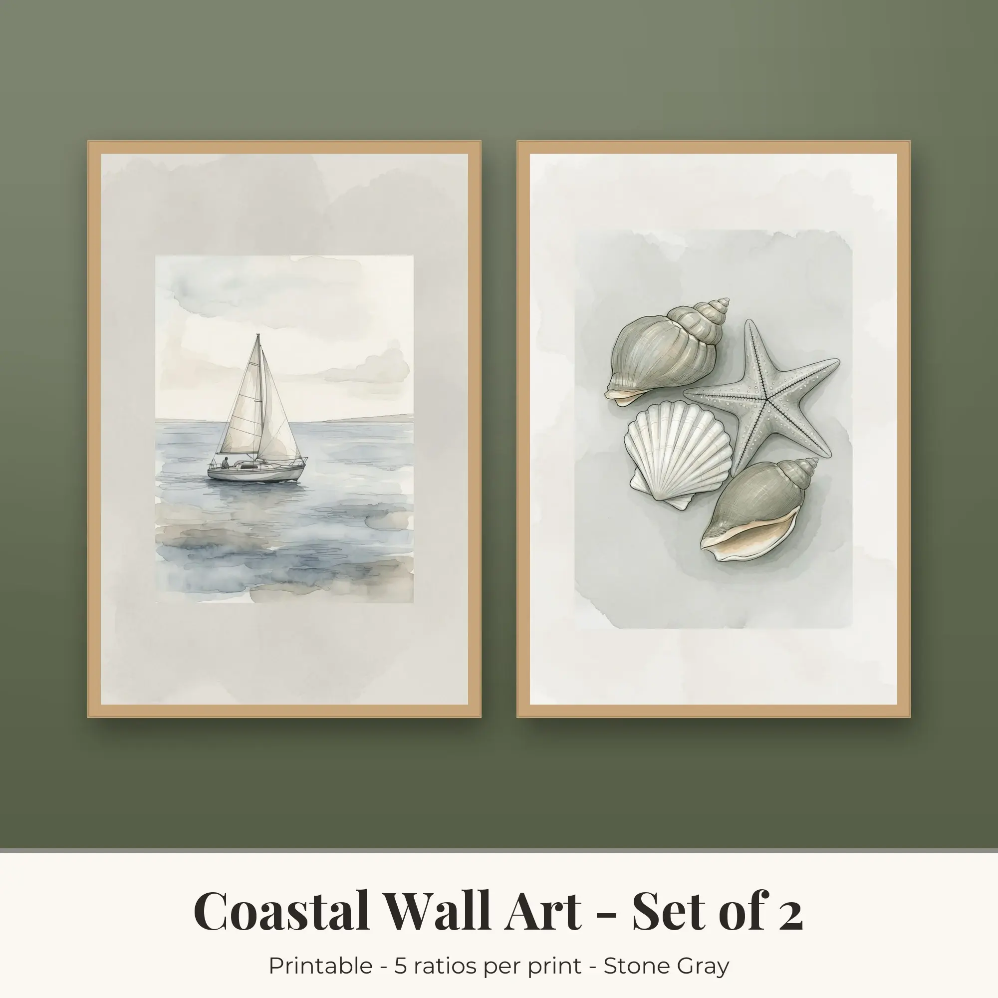 Sailboat and Seashell Trio Coastal Prints Set of 2, Printable Wall Art preview