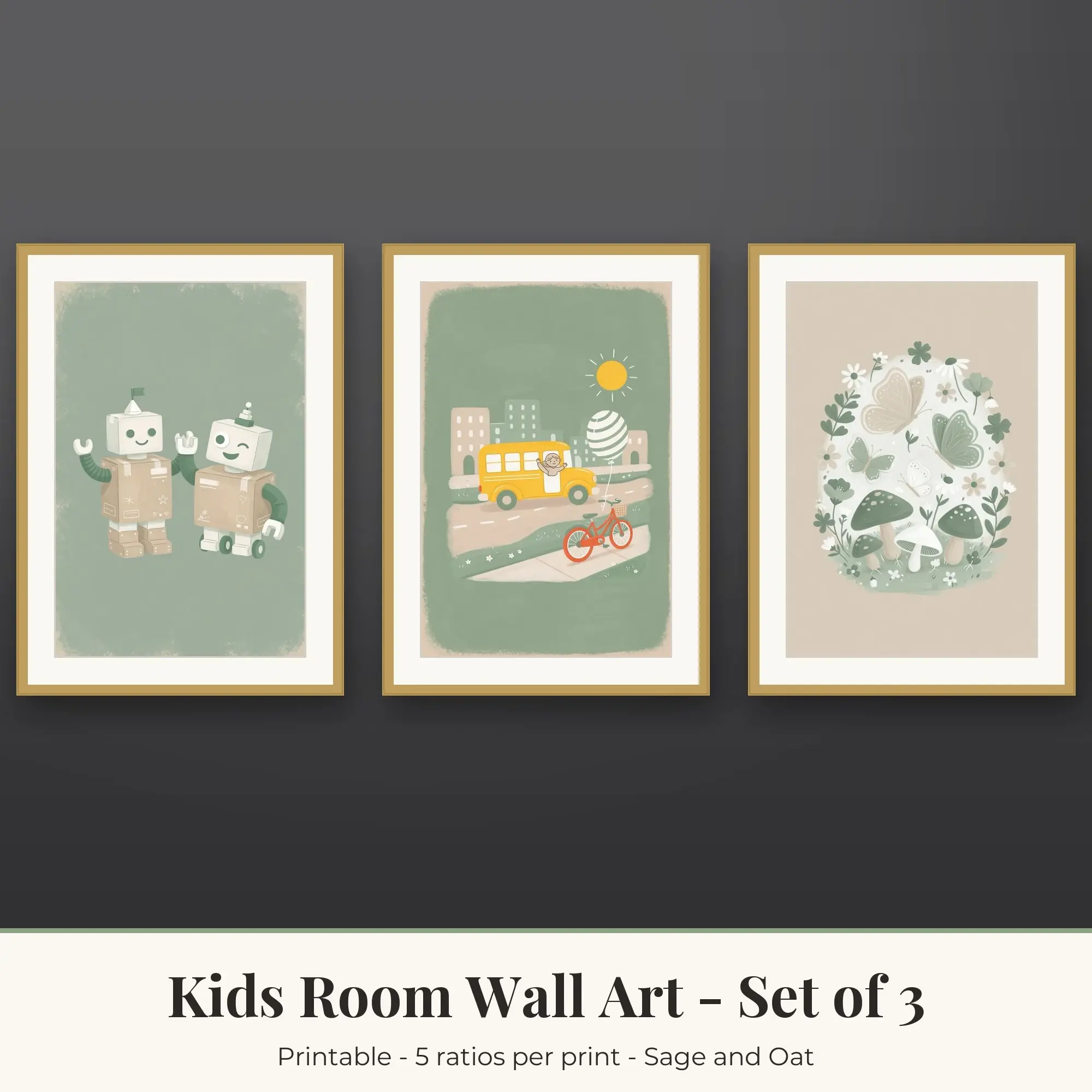 Kids Room Printable Art Set of 3: Robots, City Vehicles & Fairy Garden preview