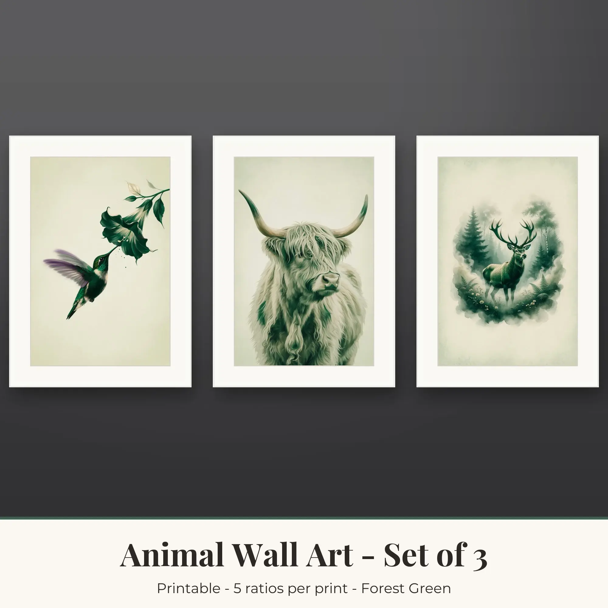 Animal Wall Art Set of 3, Forest Green Hummingbird & Highland Cow preview