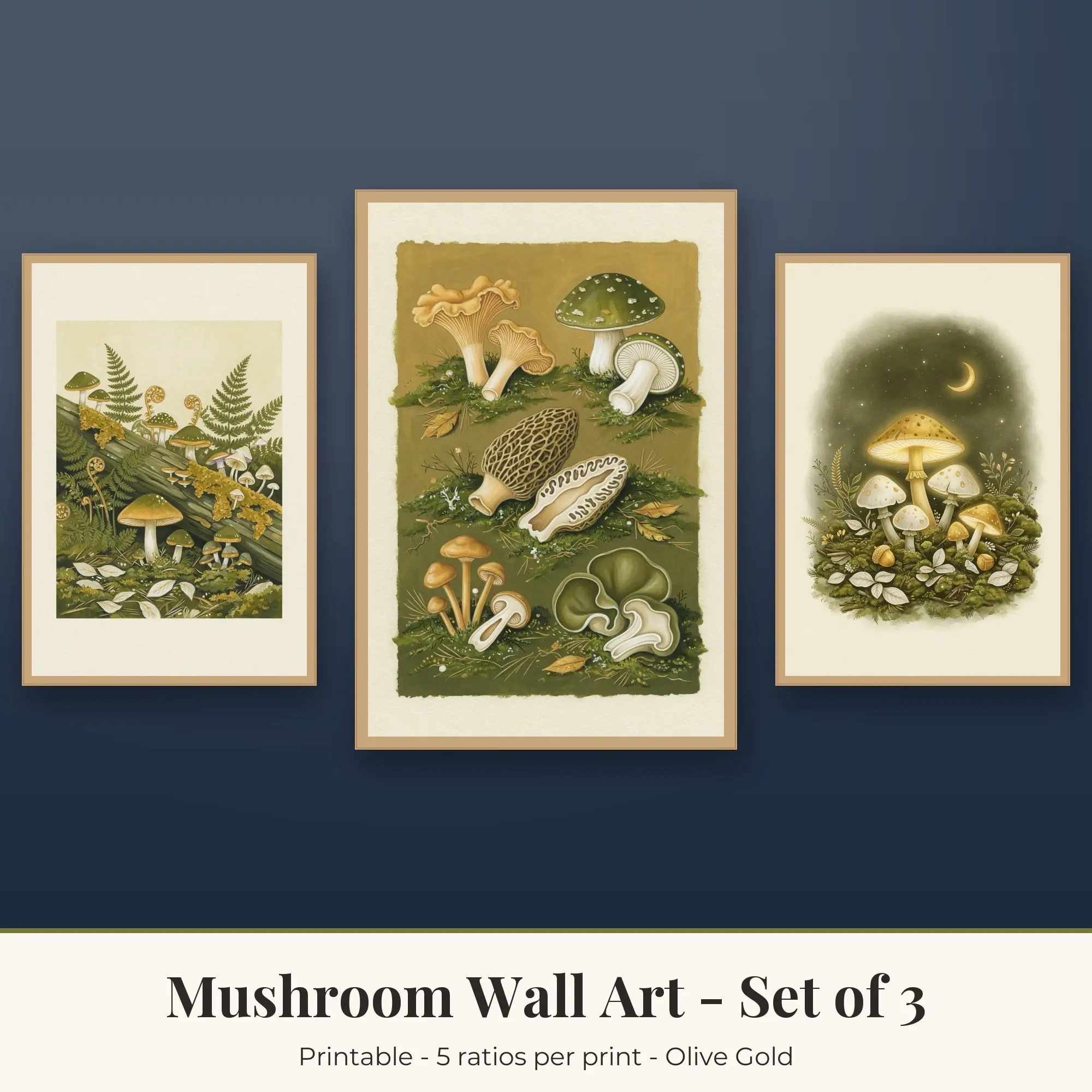 Mushroom Wall Art Set of 3, Olive Gold Fern and Fungi & Mushroom Study preview