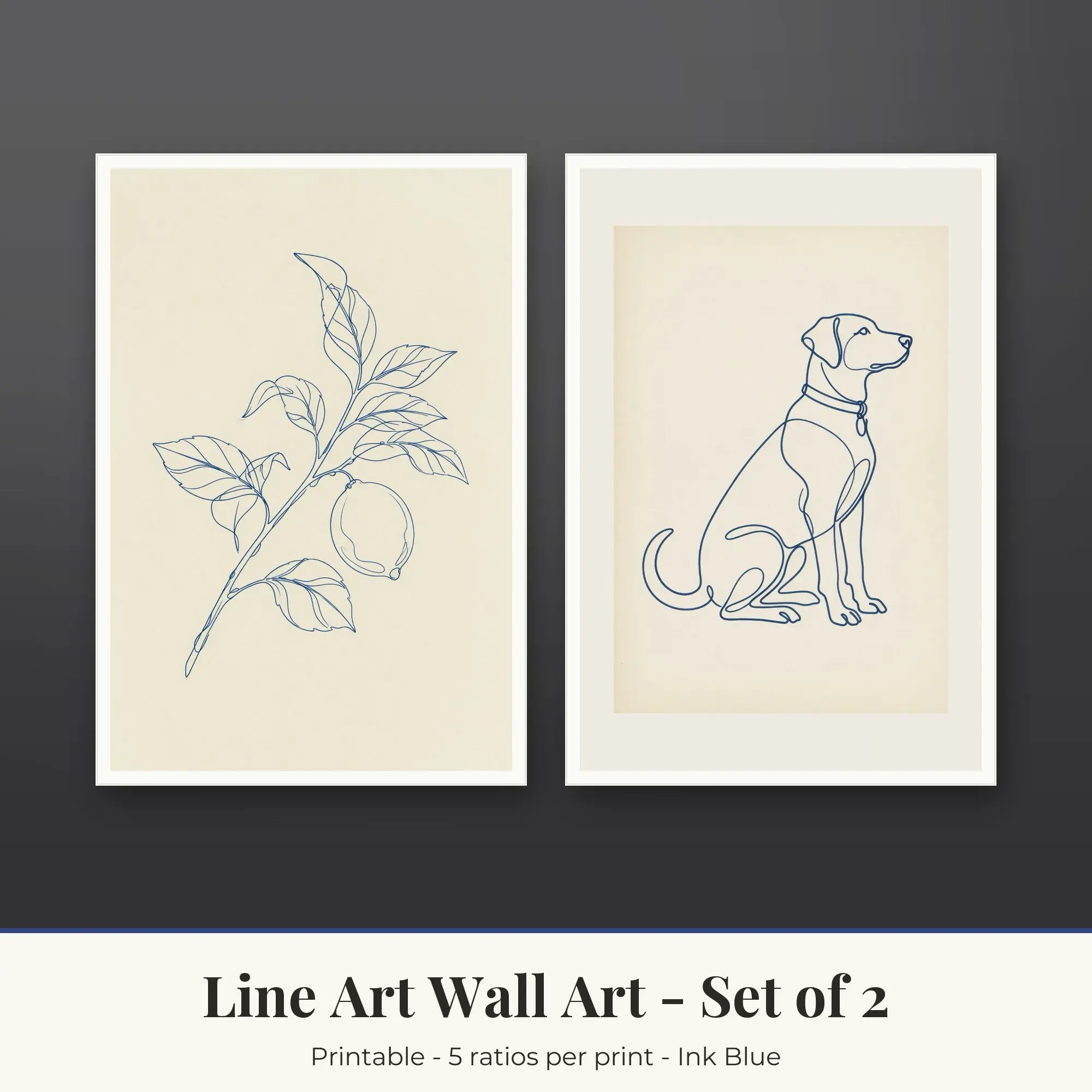 Line Art Printable Art Set of 2: Lemon Branch and Dog Profile preview