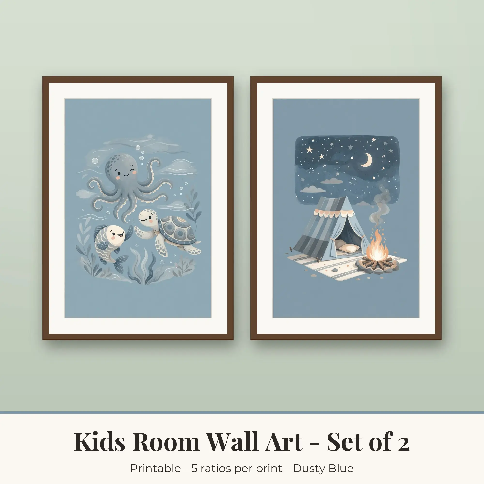 Kids Room Printable Art Set of 2: Ocean Friends and Camping Night preview