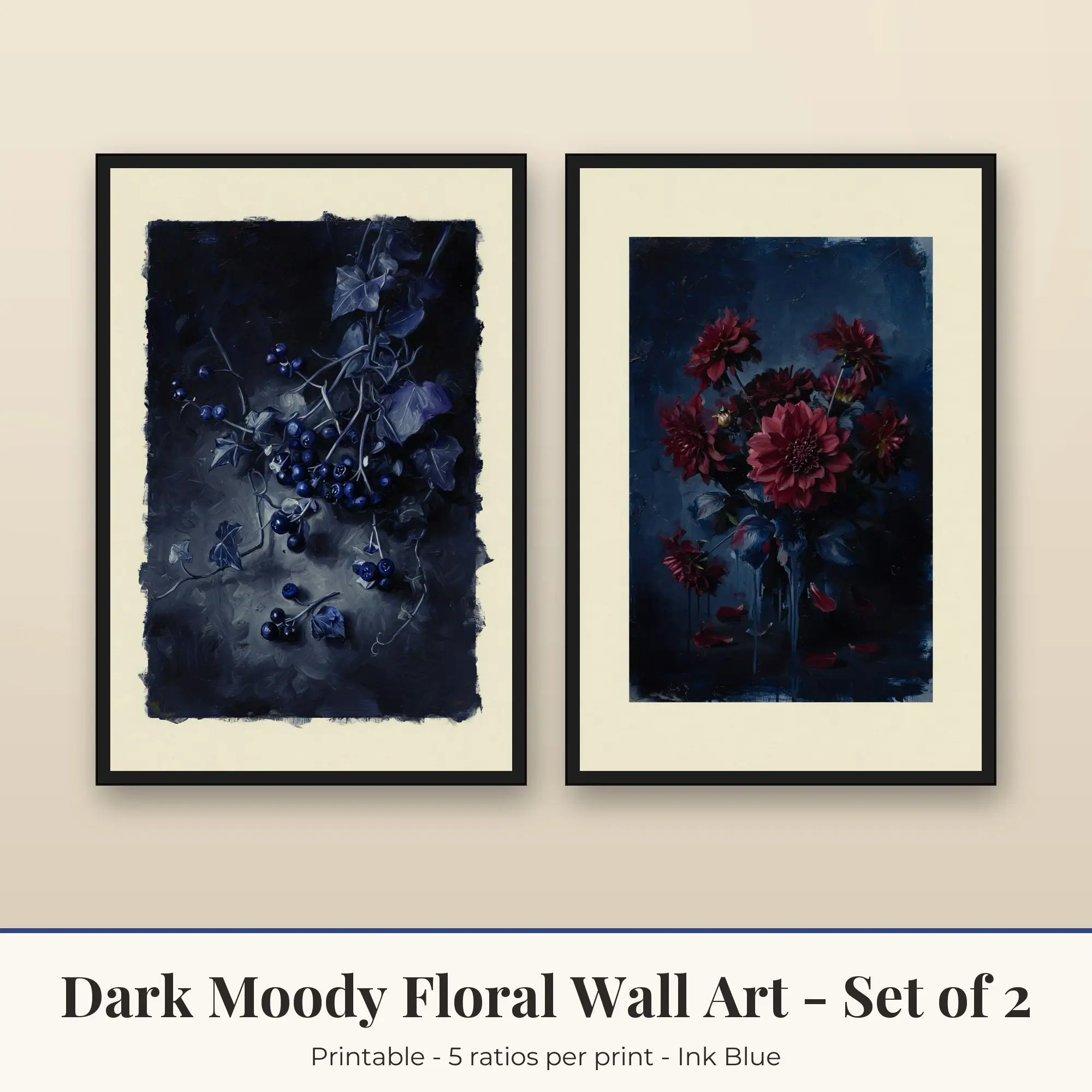 Dark Moody Floral Printable Art Set of 2: Berries and Ivy and Dahlias preview