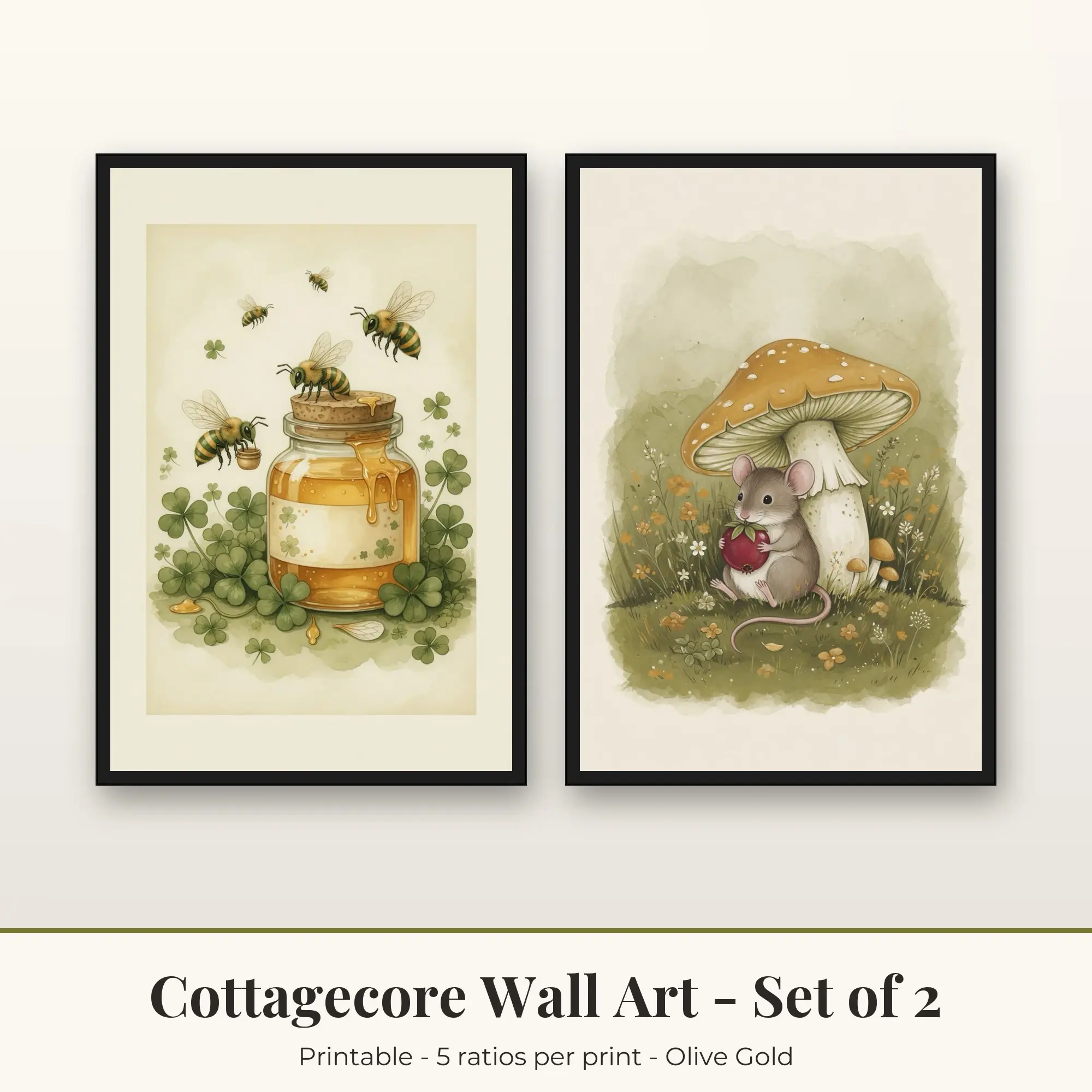 Cottagecore Wall Art Set of 2, Olive Gold Bees and Honey & Field Mouse preview