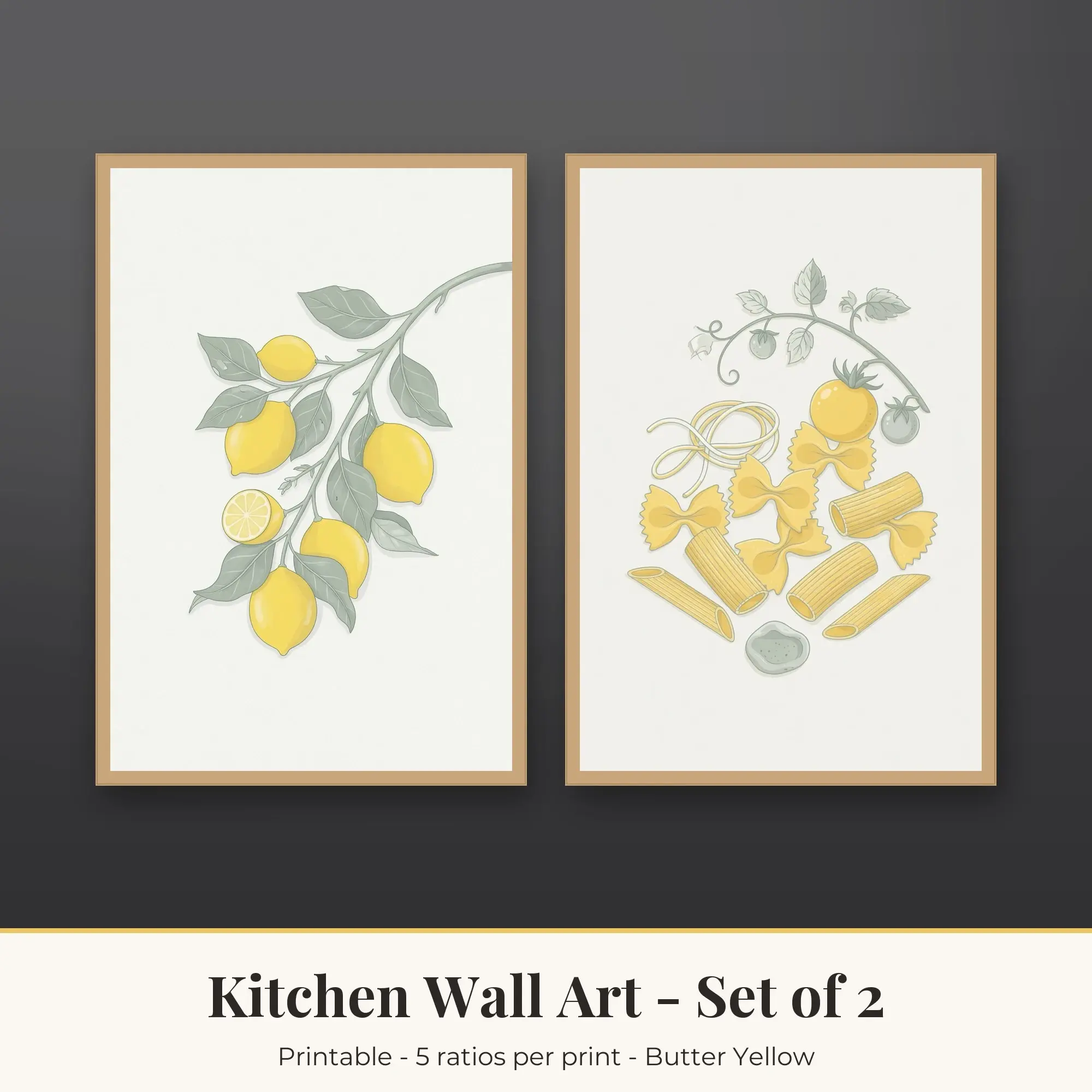 Kitchen Wall Art Set of 2 - Lemons and Pasta Shapes - Butter Yellow preview