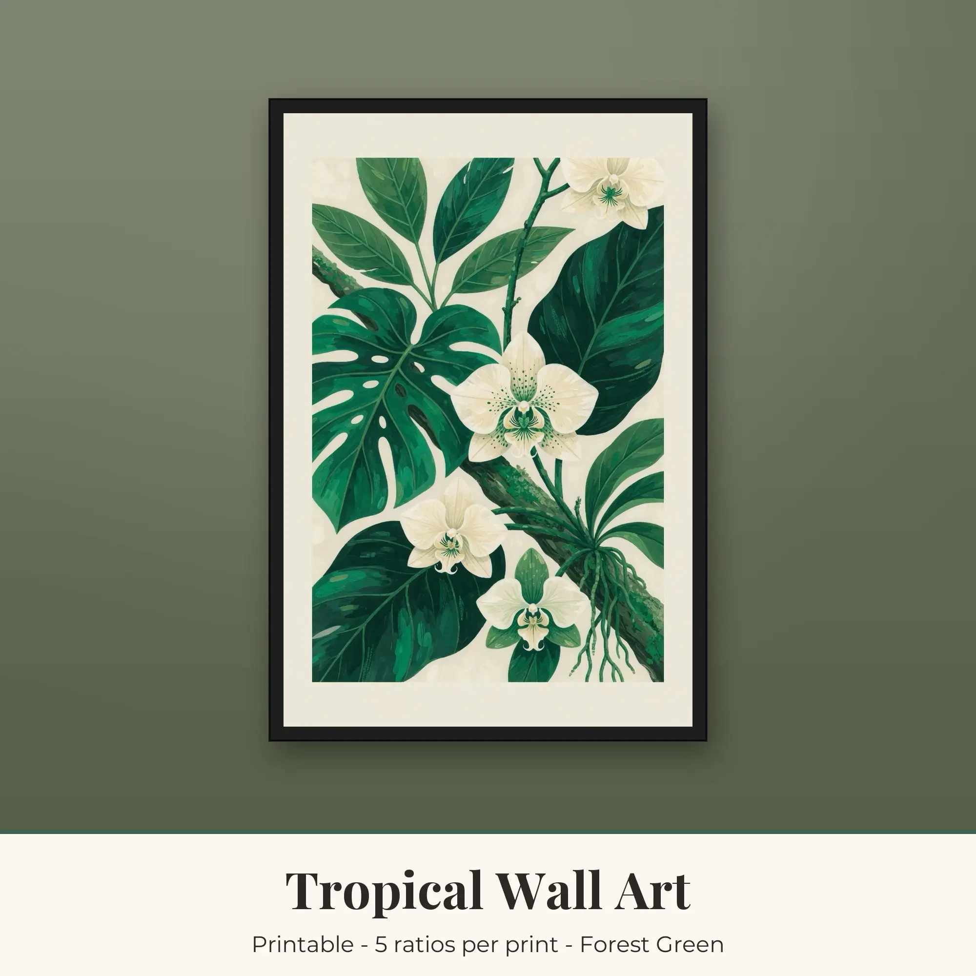 Printable Tropical Wall Art, Orchids, Forest Green Digital Download preview