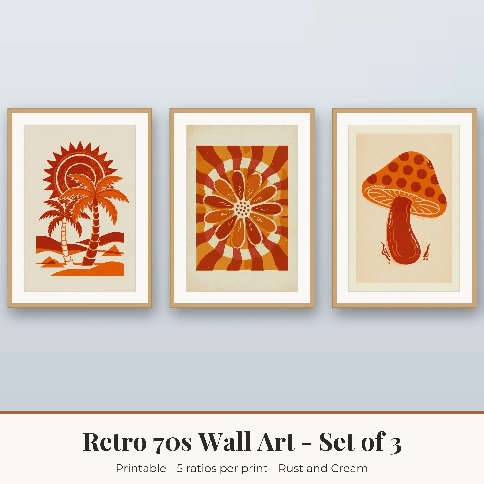 Retro 70s Wall Art Set of 3, Rust and Cream Retro Palms & Smiley Daisy preview