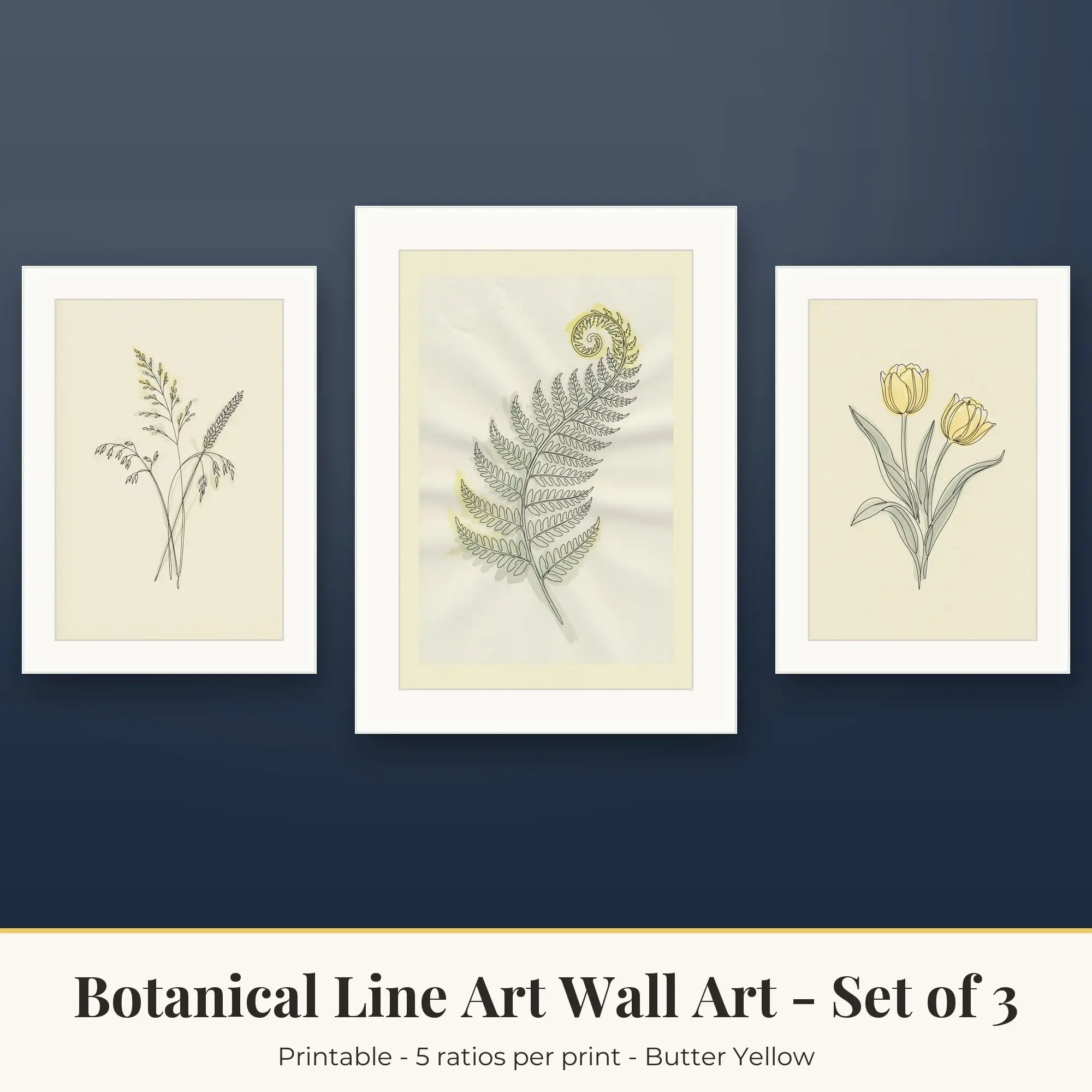 Botanical Line Art Set of 3: Tulip Pair, Butter Yellow preview