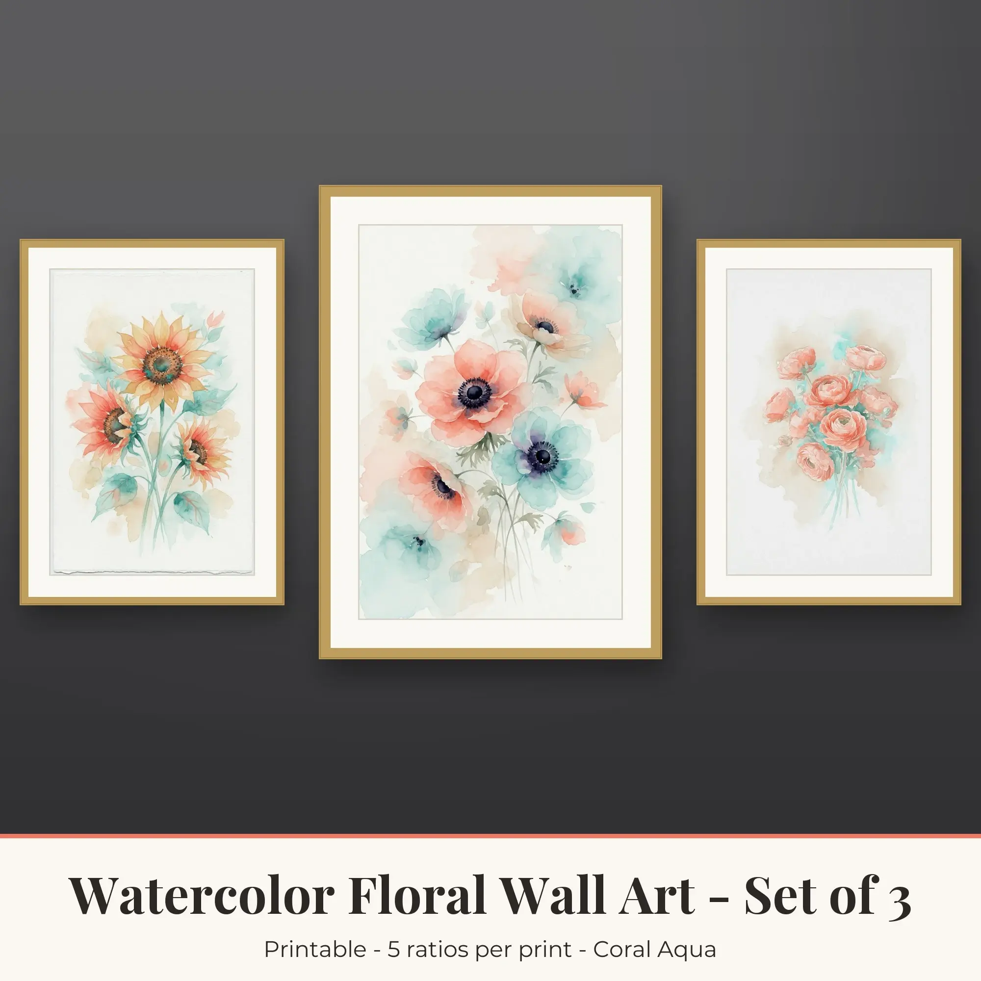 Watercolor Floral Wall Art Set of 3, Coral Aqua Sunflowers & Anemones preview