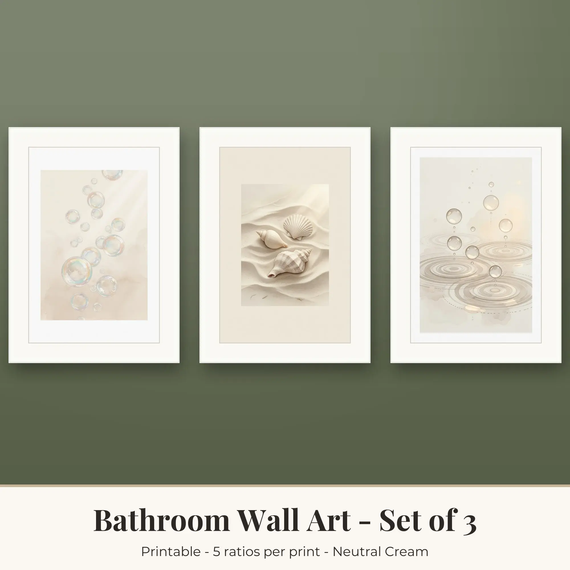 Bathroom Wall Art Set of 3, Neutral Cream Soap Bubbles & Seashells preview