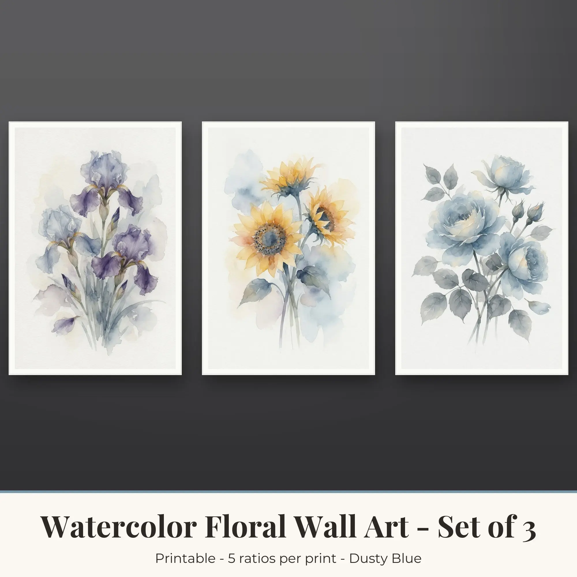 Watercolor Floral Wall Art Set of 3, Dusty Blue Iris & Sunflowers preview