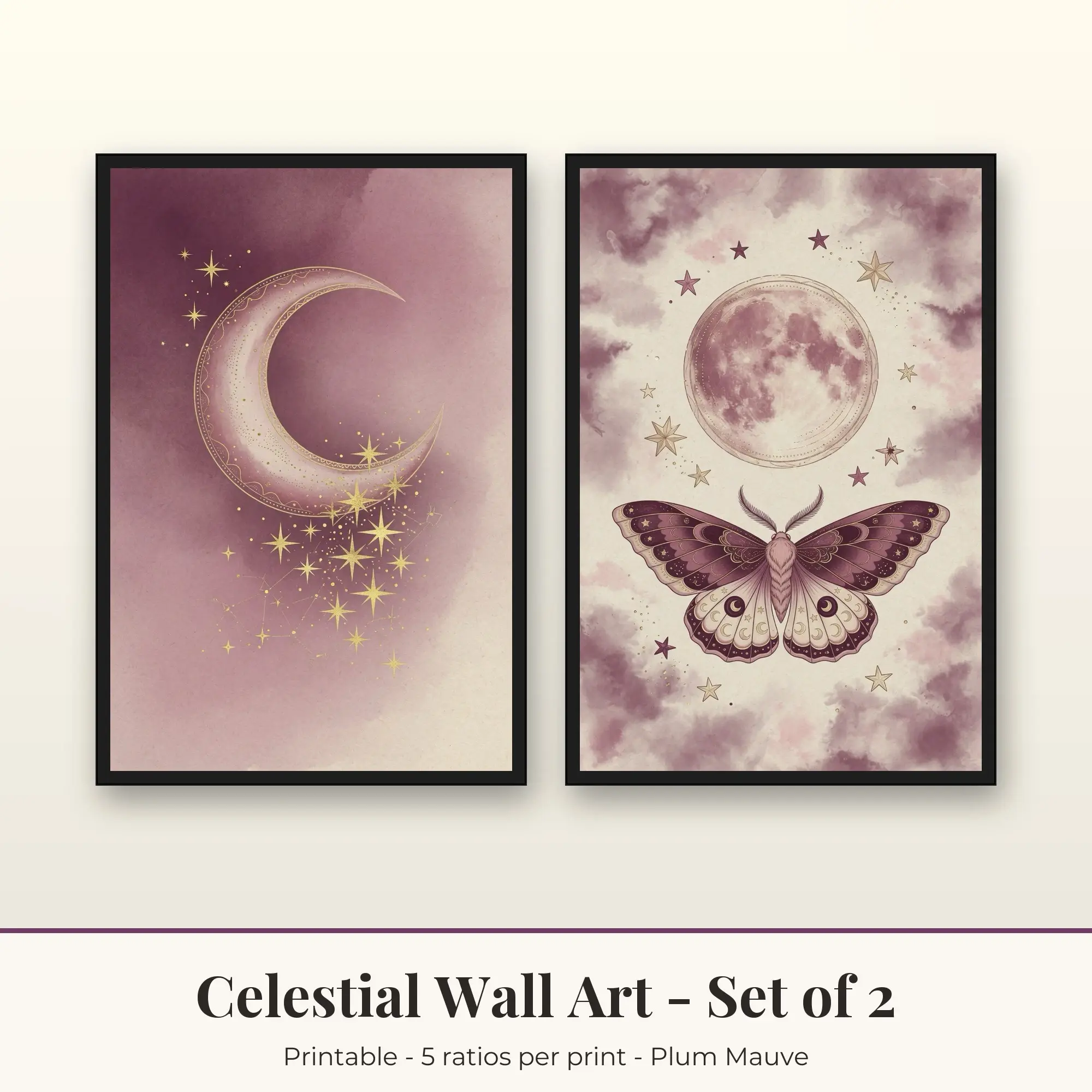 Celestial Printable Art Set of 2: Star Cluster and Moth and Moon preview