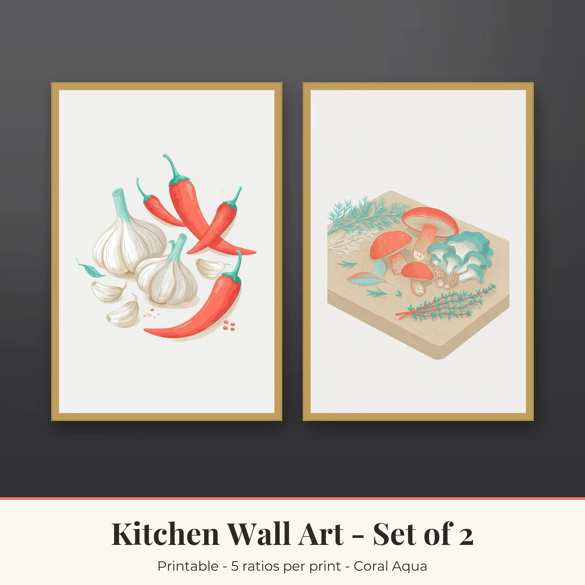 Kitchen Printable Art Set of 2: Garlic and Chili and Mushrooms preview