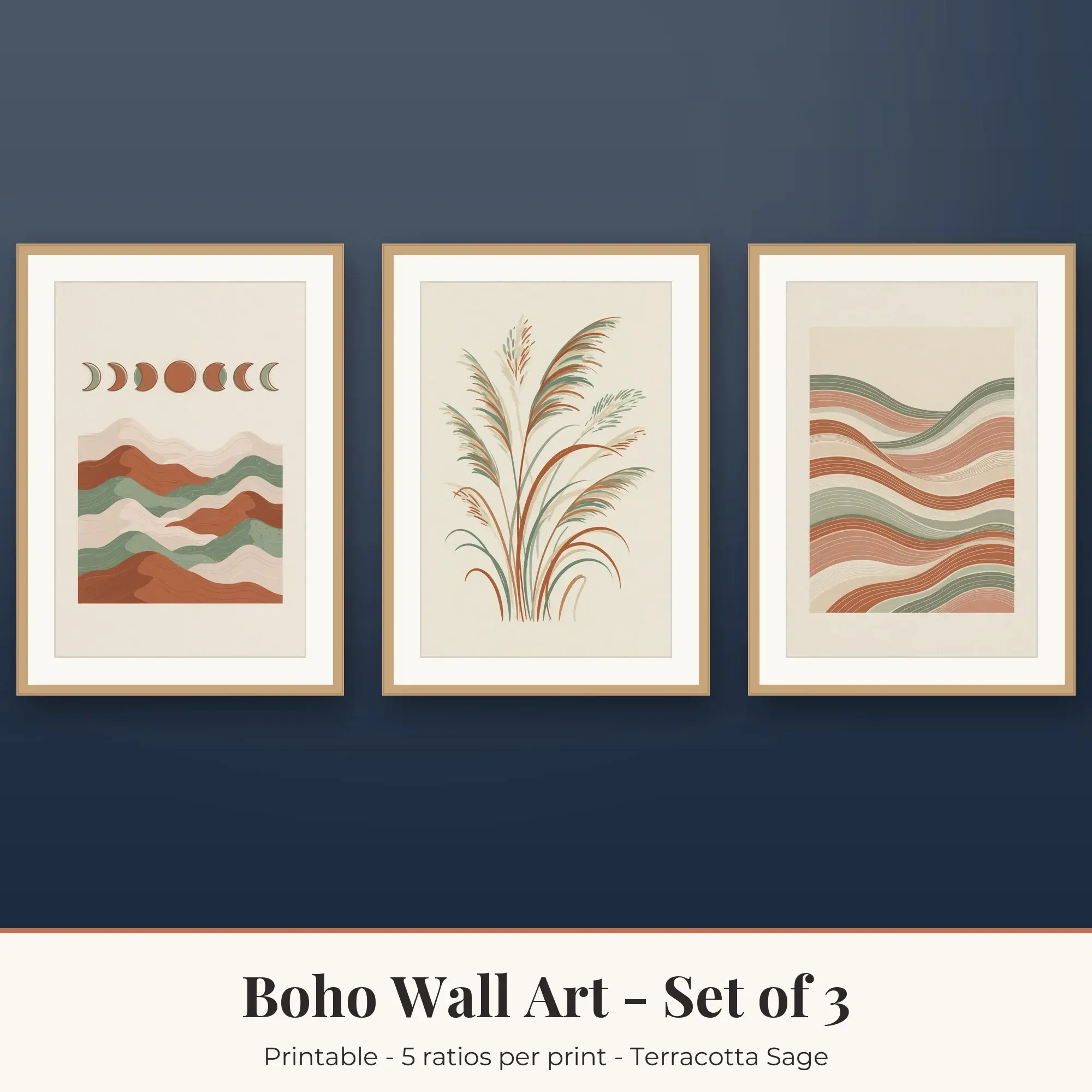 Boho Printable Art Set of 3: Moon Phases, Pampas Stems & Wavy Lines preview