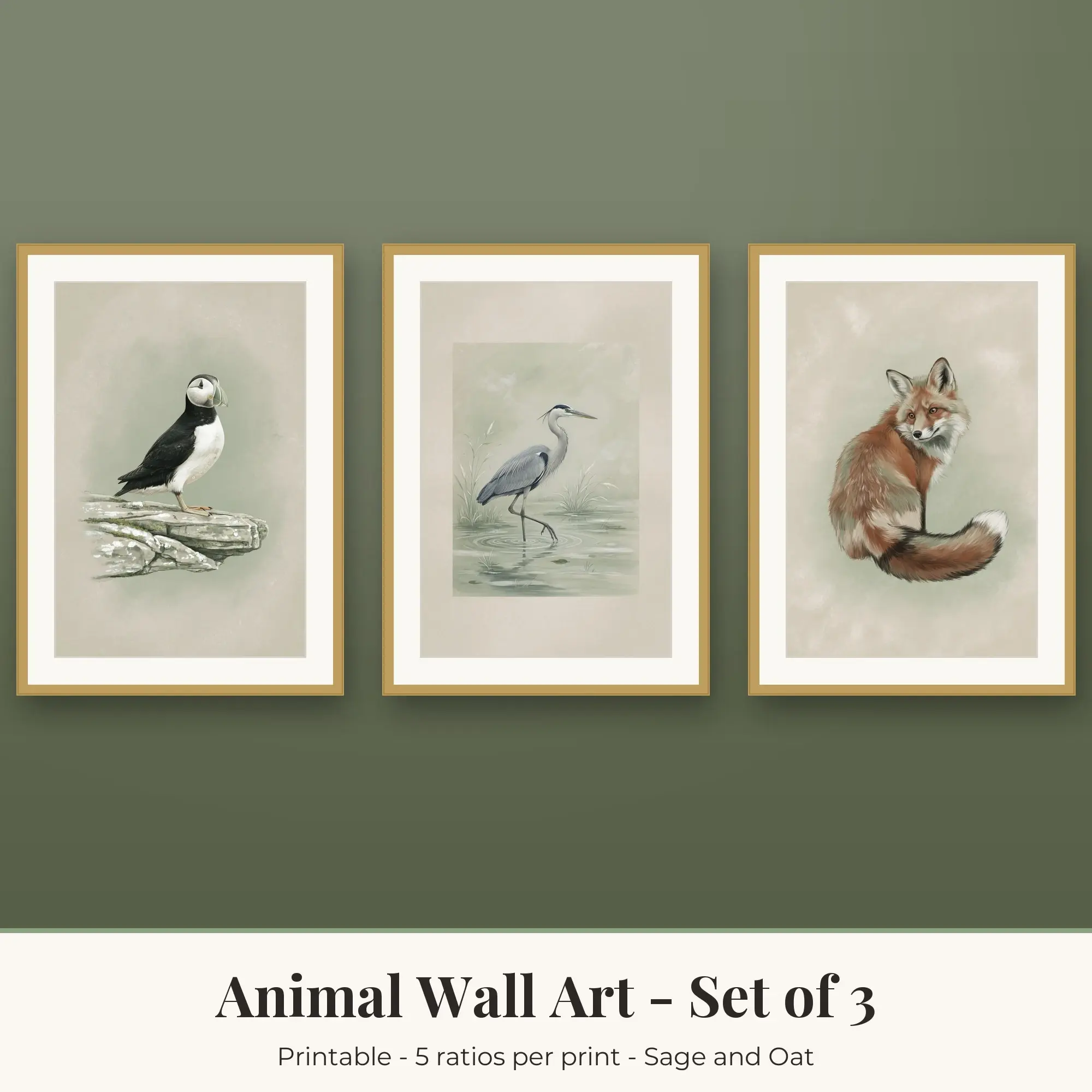 Animal Wall Art Set of 3, Sage and Oat Puffin & Heron preview