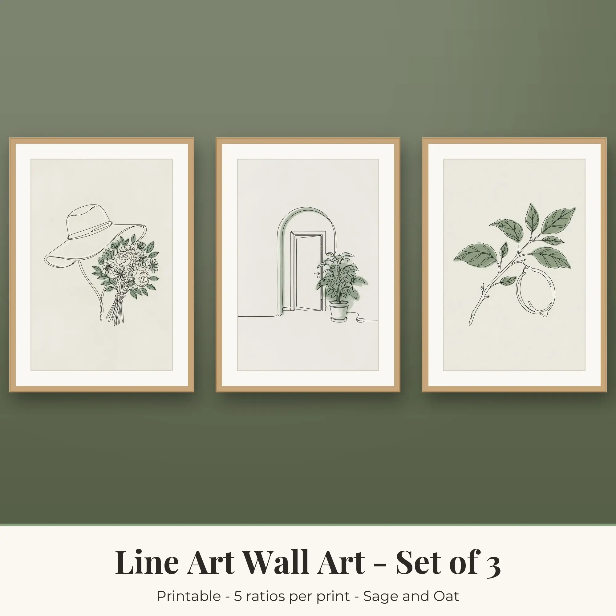 Line Art Wall Art Set of 3: Hat and Flowers, Sage and Oat preview
