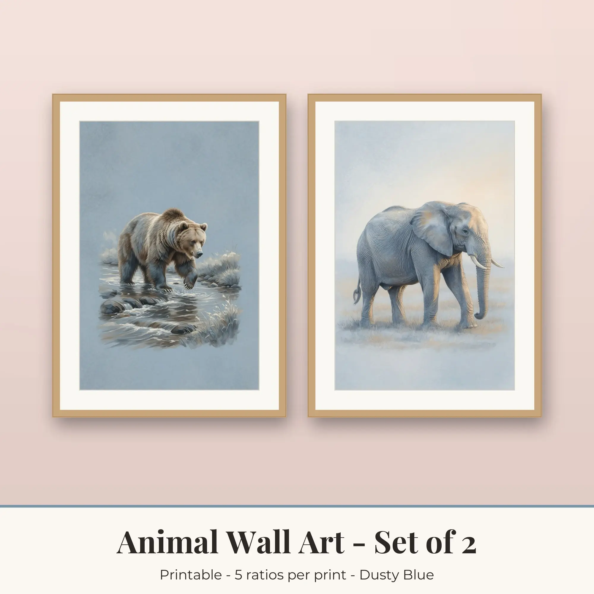 Animal Wall Art Set of 2, Dusty Blue Brown Bear & Elephant preview