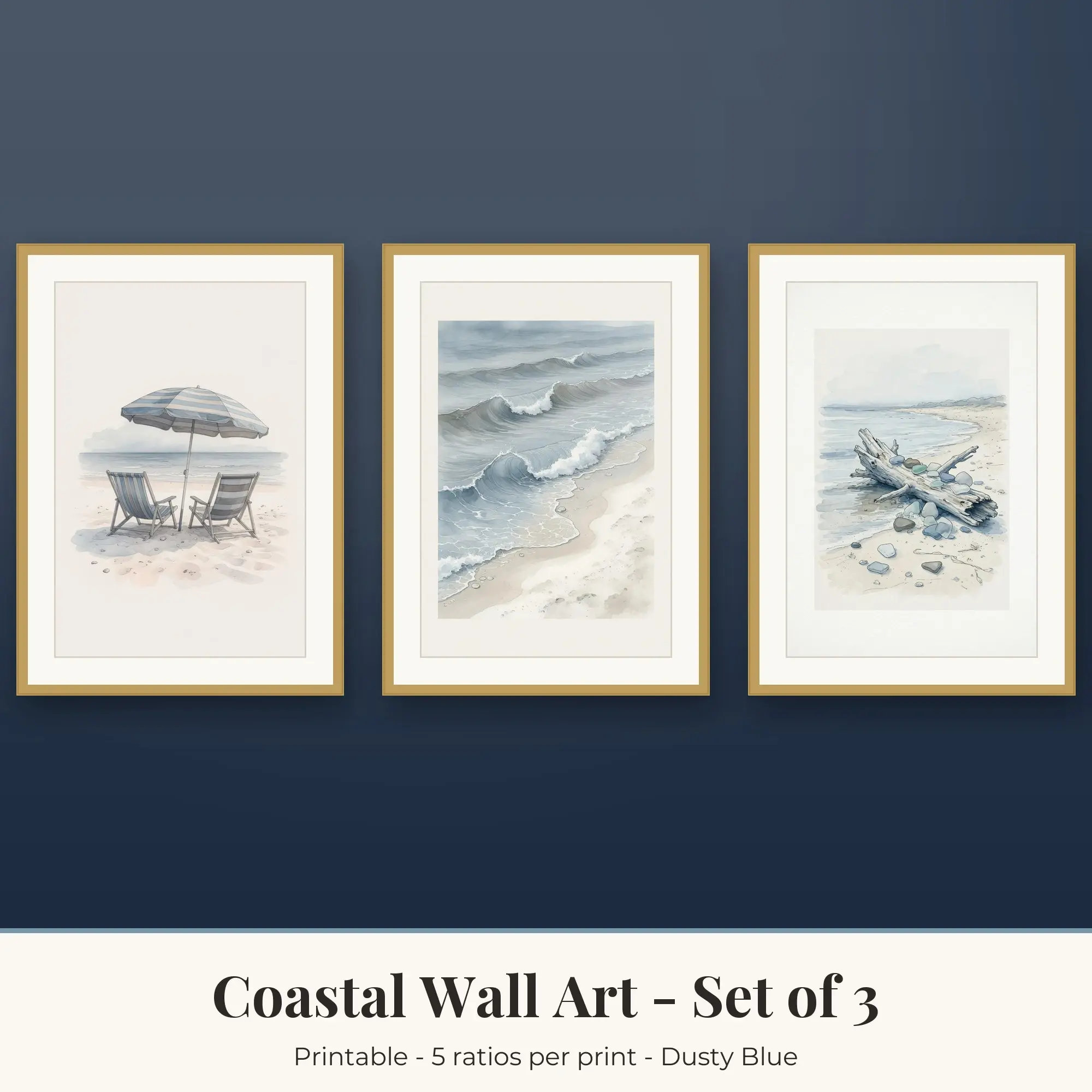 Coastal Wall Art Set of 3, Dusty Blue Beach Umbrella & Beach Waves preview