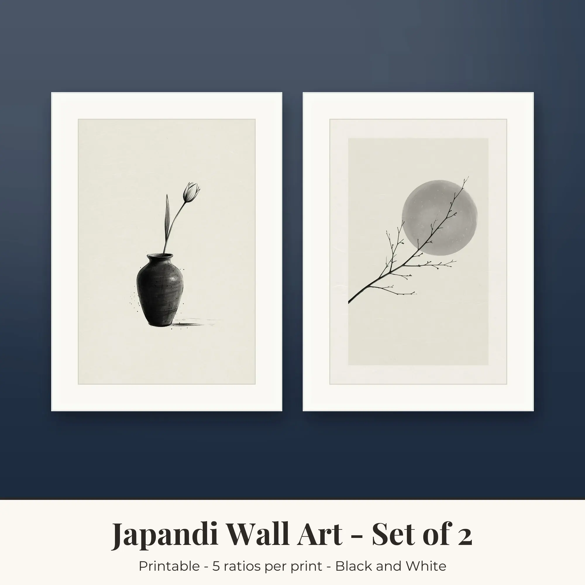 Japandi Printable Art Set of 2: Ceramic Vase and Branch and Moon preview