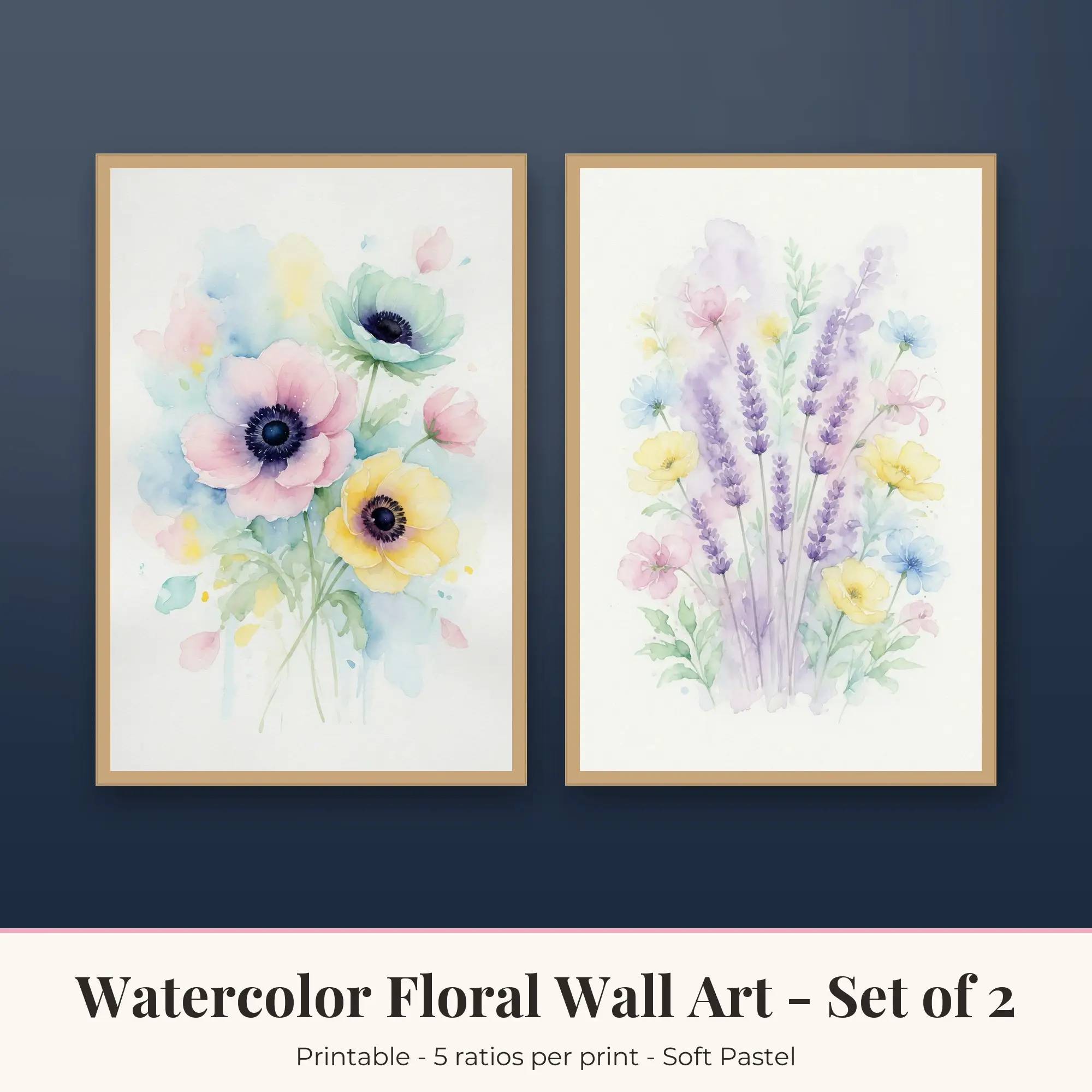 Watercolor Floral Wall Art Set of 2, Soft Pastel Anemones & Lavender preview