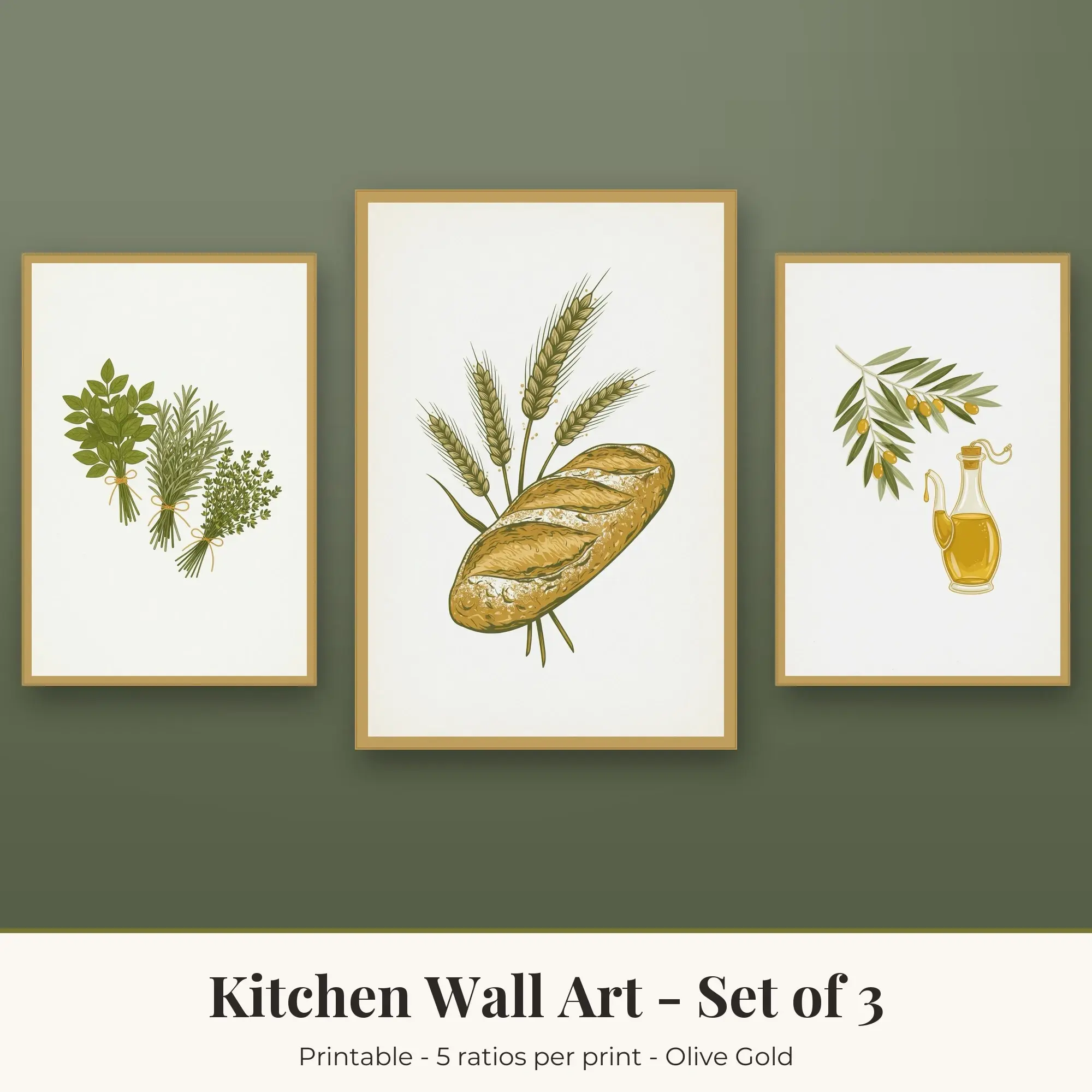 Kitchen Wall Art Set of 3, Olive Gold Fresh Herbs & Bread Loaf preview