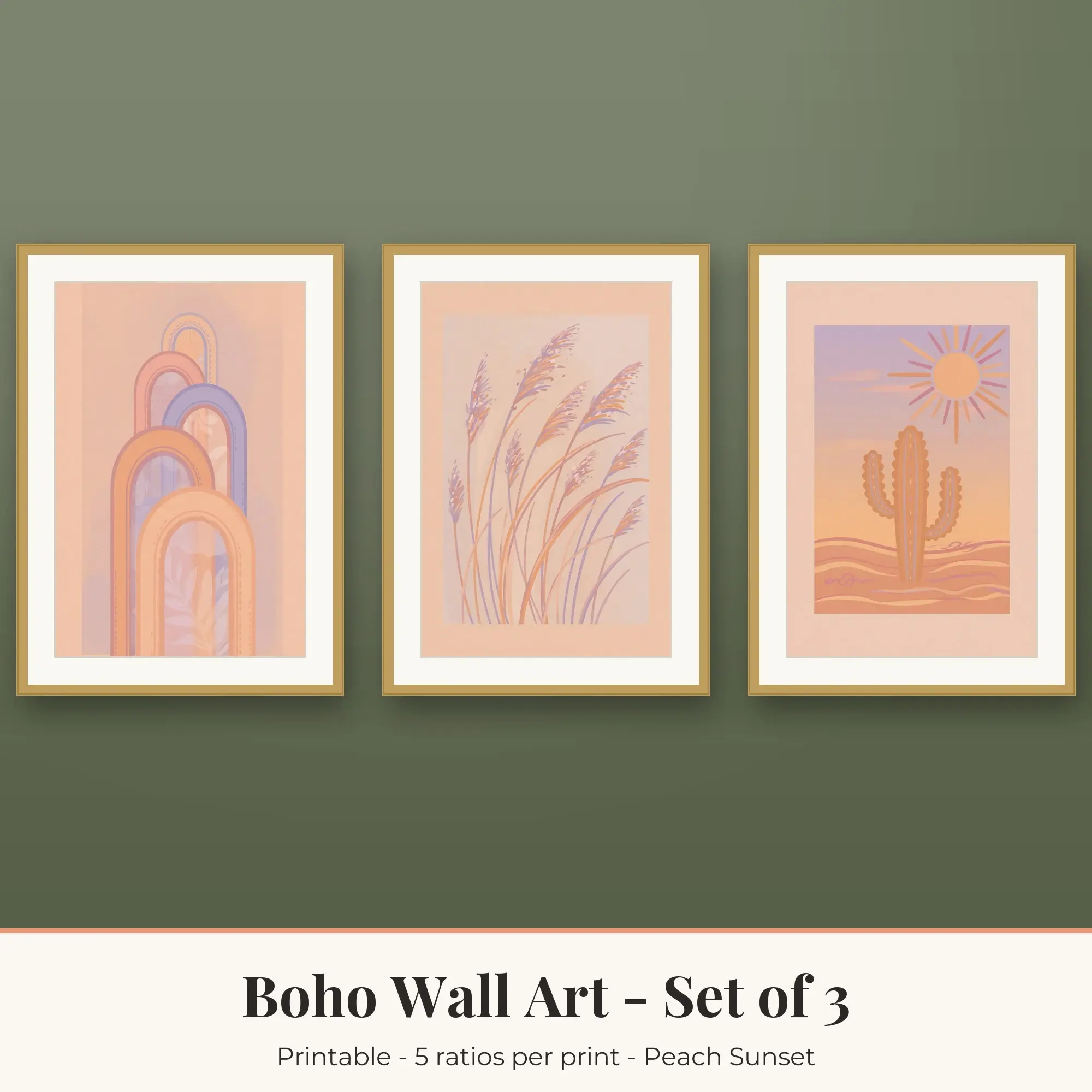 Boho Wall Art Set of 3, Peach Sunset Stacked Arches & Pampas Stems preview