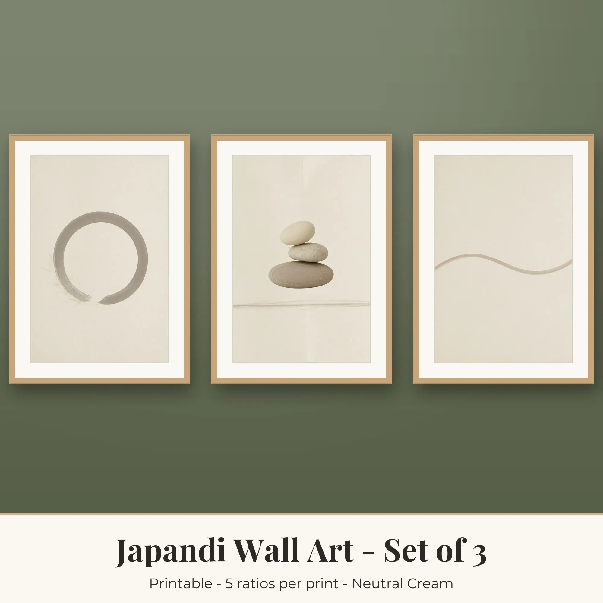 Japandi Wall Art Set of 3, Neutral Cream Zen Circle & Stone Balance, preview 1 of 2