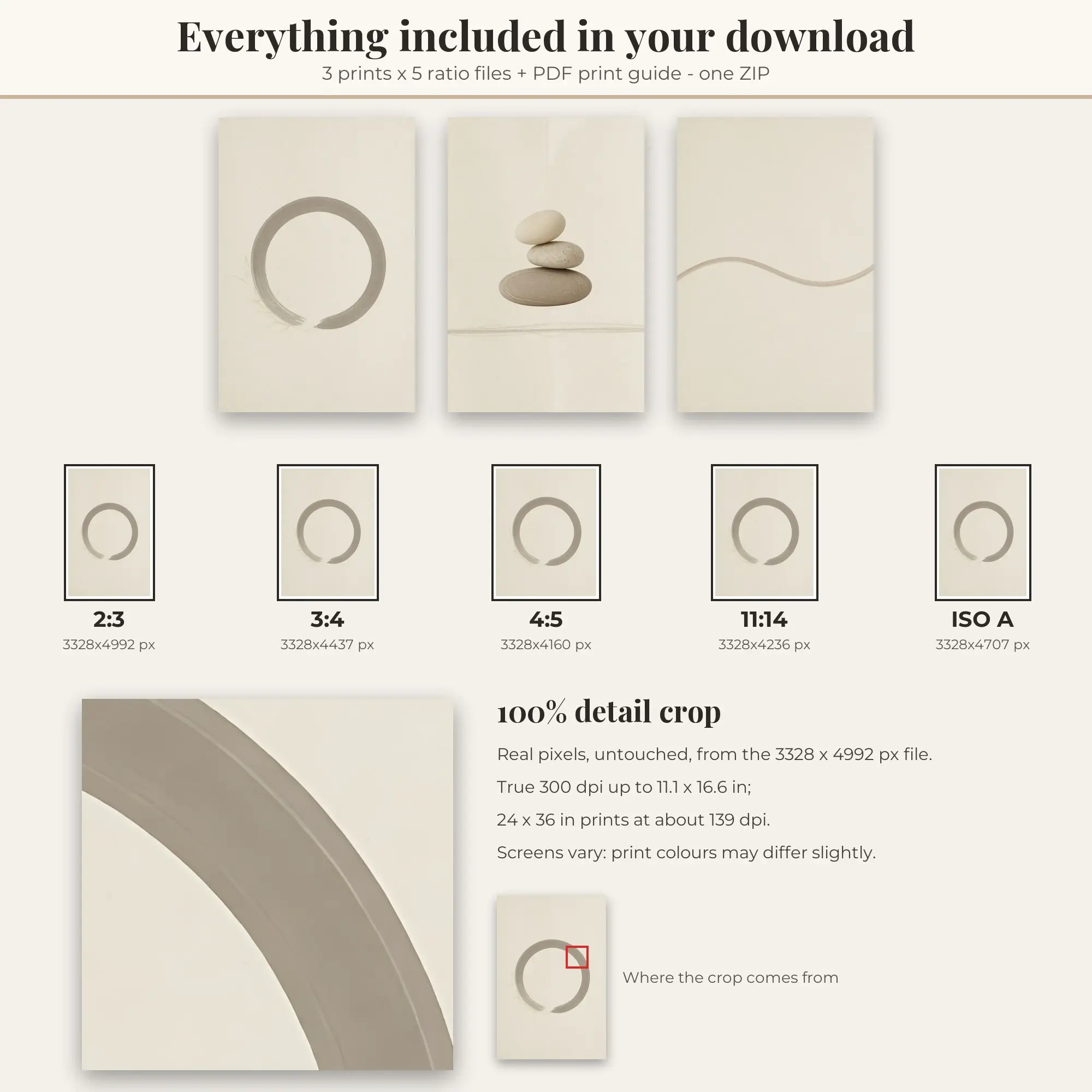 Japandi Wall Art Set of 3, Neutral Cream Zen Circle & Stone Balance, preview 2 of 2