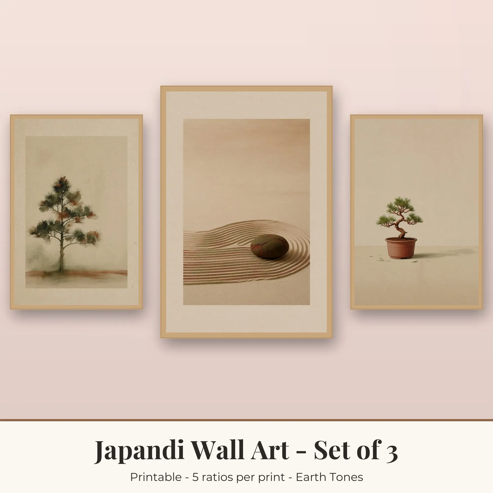 Japandi Printable Art Set of 3: Pine Silhouette, Sand Ripples & Bonsai preview