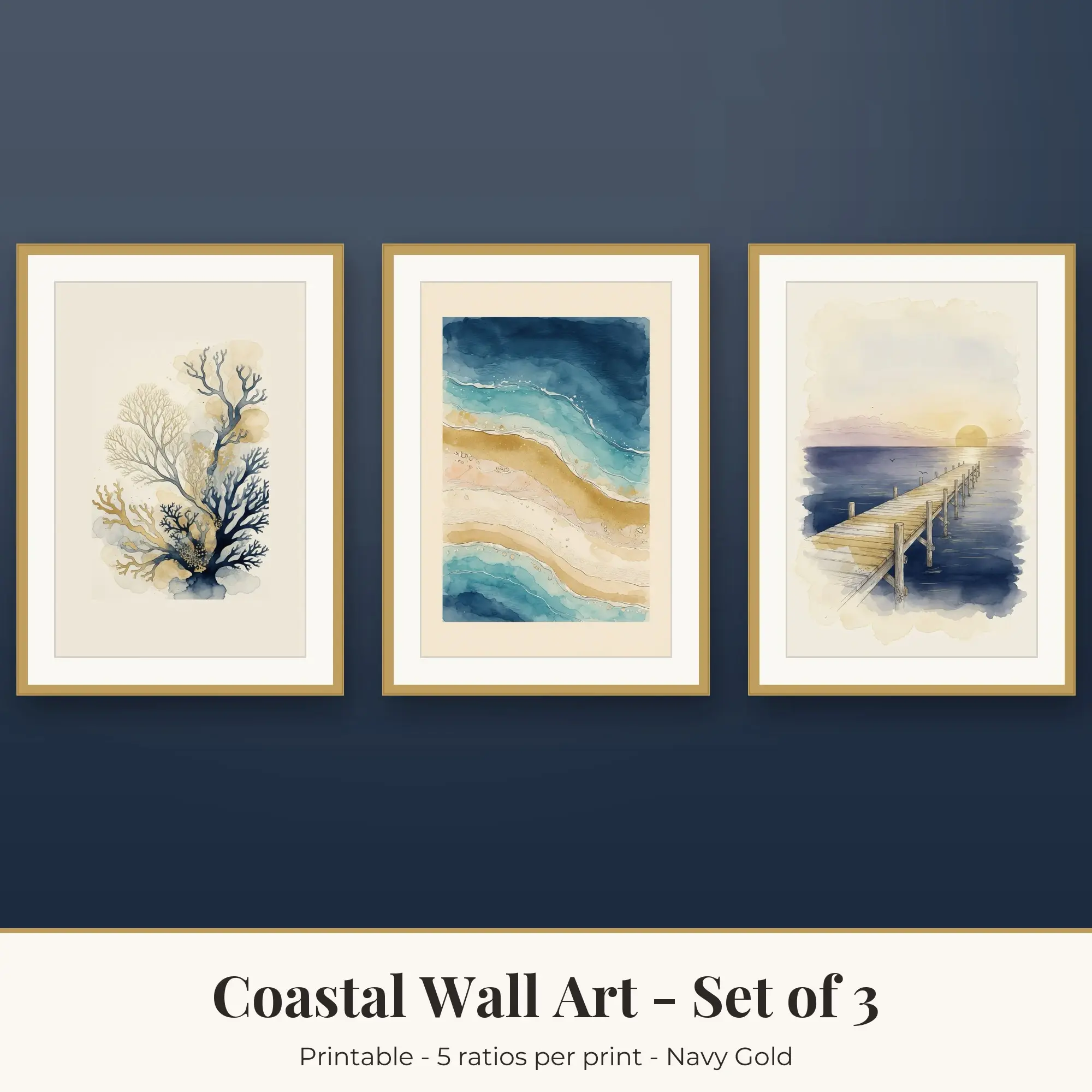 Coastal Wall Art Set of 3, Navy Gold Coral Reef & Ocean Aerial preview