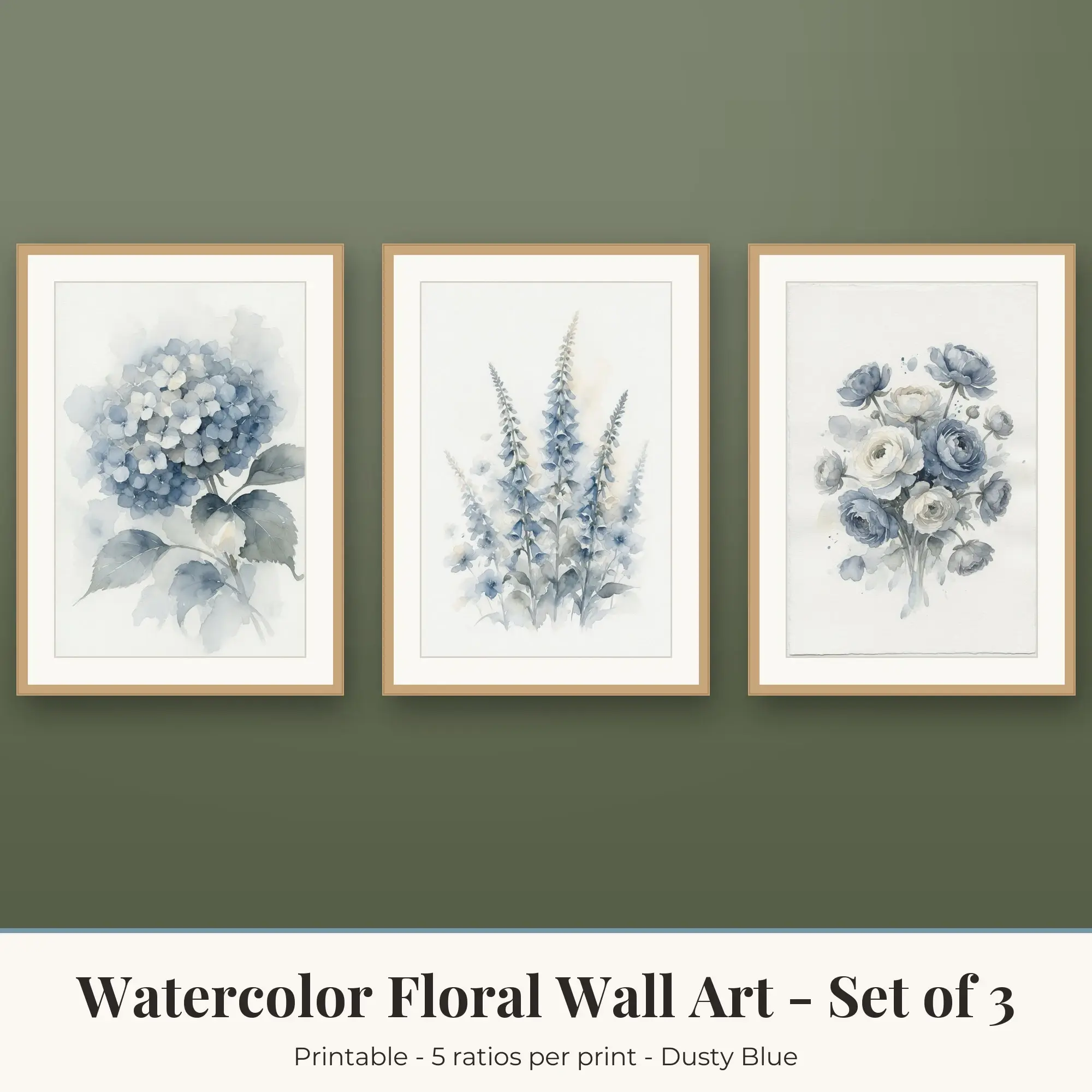Watercolor Floral Wall Art Set of 3, Dusty Blue Hydrangea & Foxglove preview