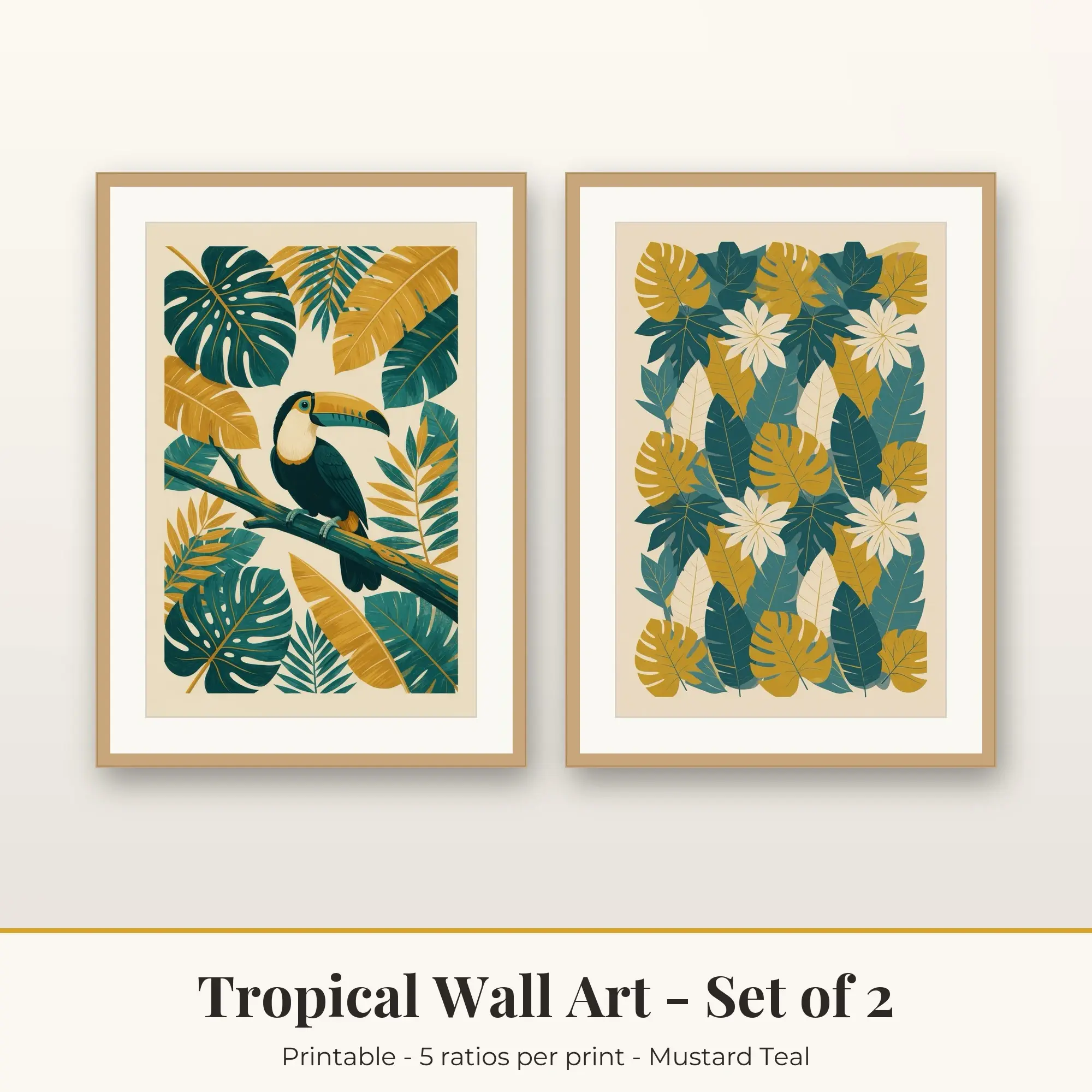 Tropical Wall Art Set of 2, Mustard Teal Toucan & Monstera Pattern preview