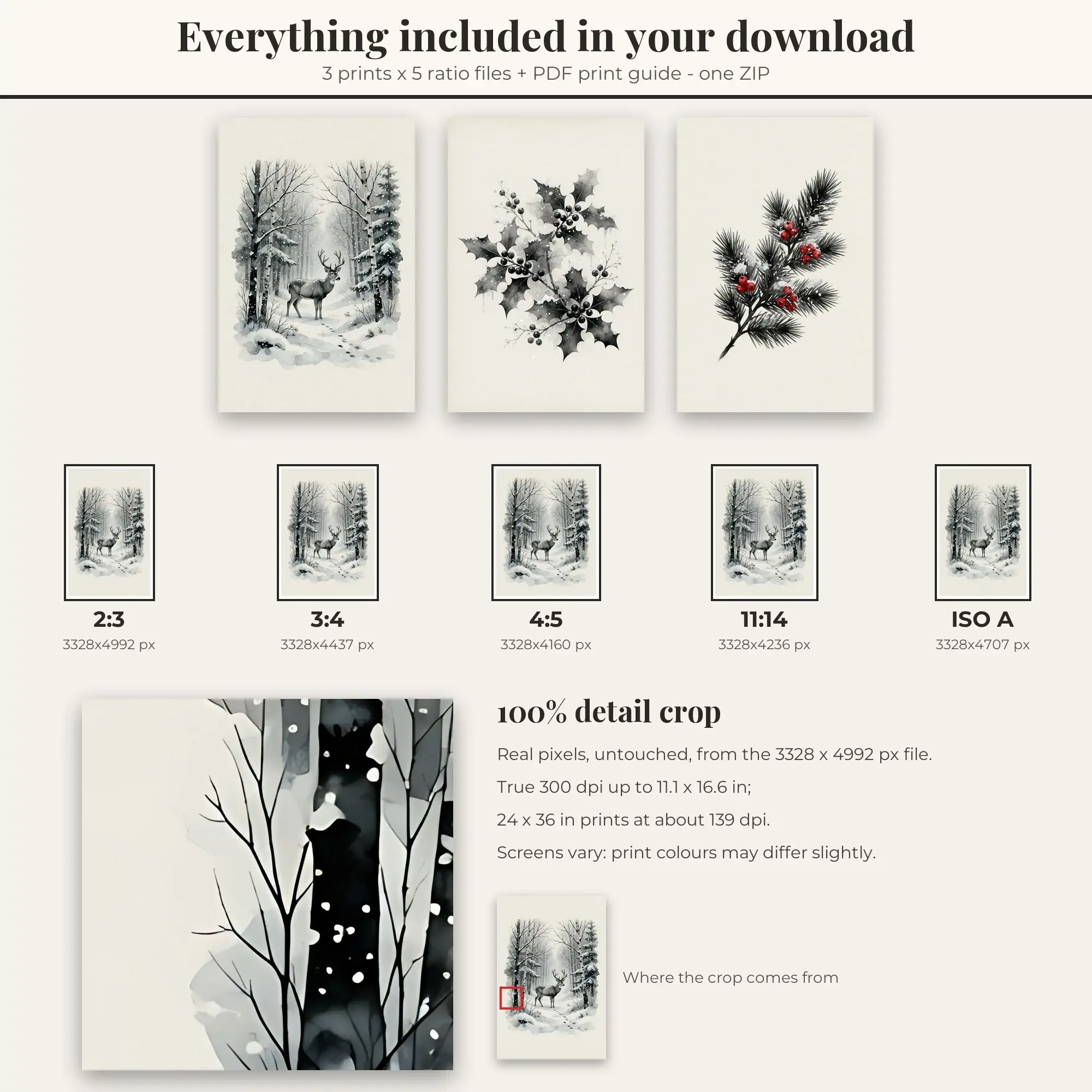 Winter Printable Art Set of 3: Frosted Deer, Holly & Evergreen Branch, preview 2 of 2