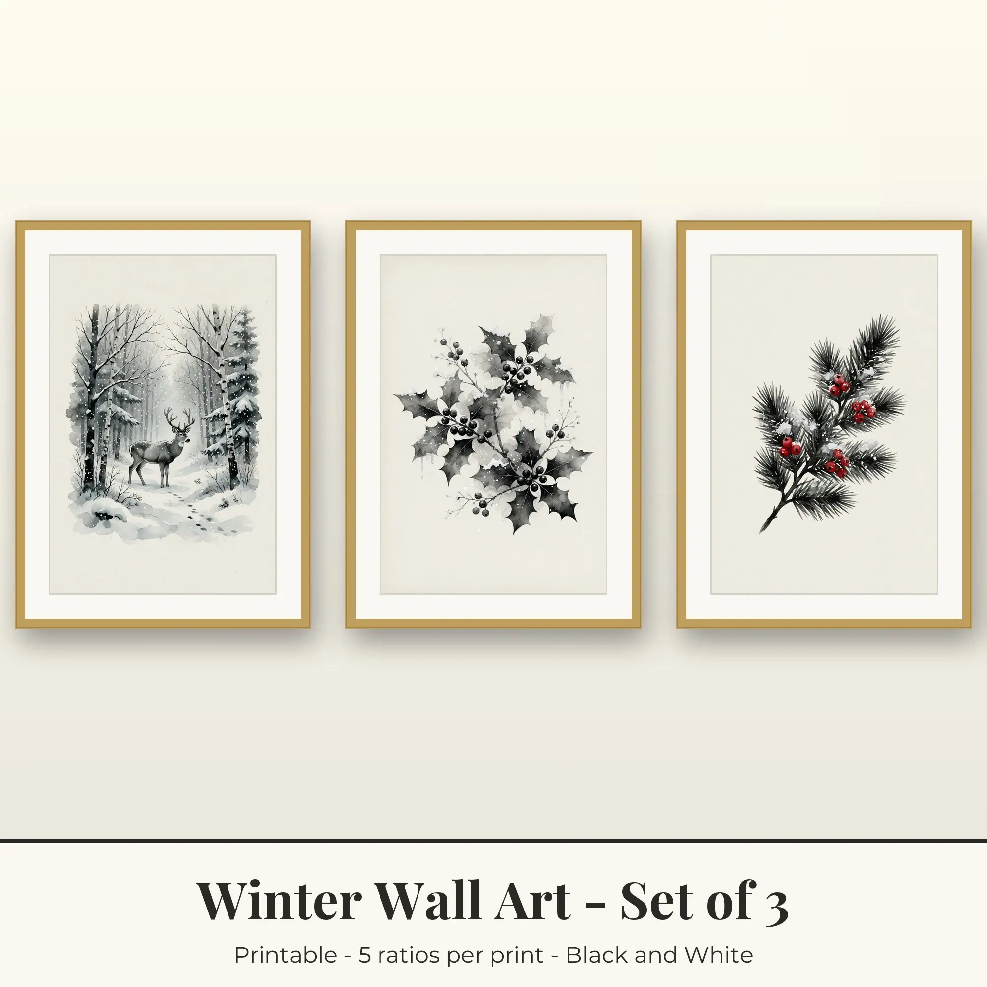 Winter Printable Art Set of 3: Frosted Deer, Holly & Evergreen Branch preview