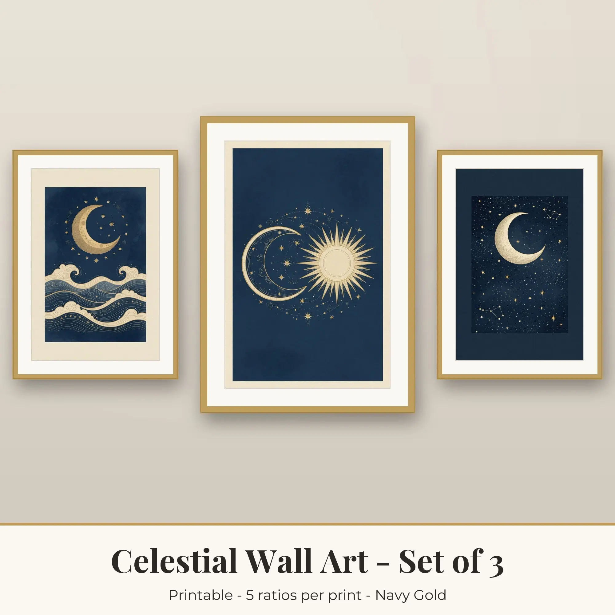 Celestial Wall Art Set of 3, Navy Gold Moon Tides & Sun and Moon preview