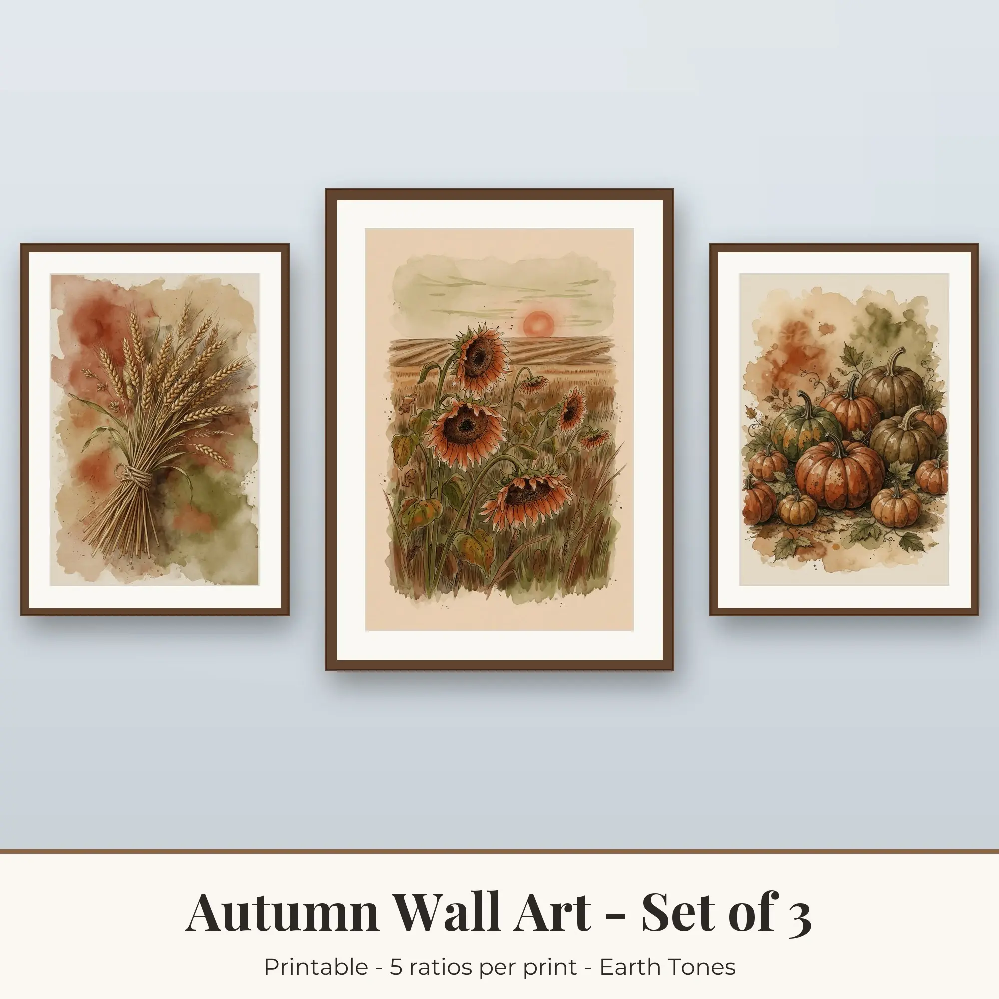 Autumn Wall Art Set of 3, Earth Tones Wheat Stalks & Sunflower Field preview