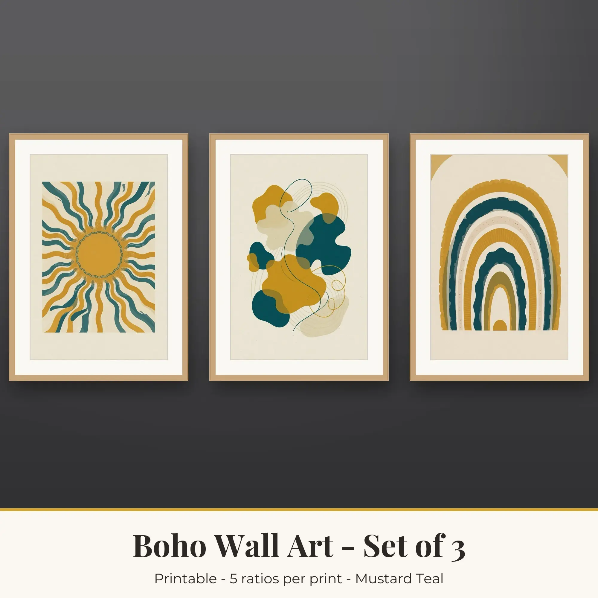 Boho Wall Art Set of 3, Mustard Teal Abstract Sun & Organic Shapes preview