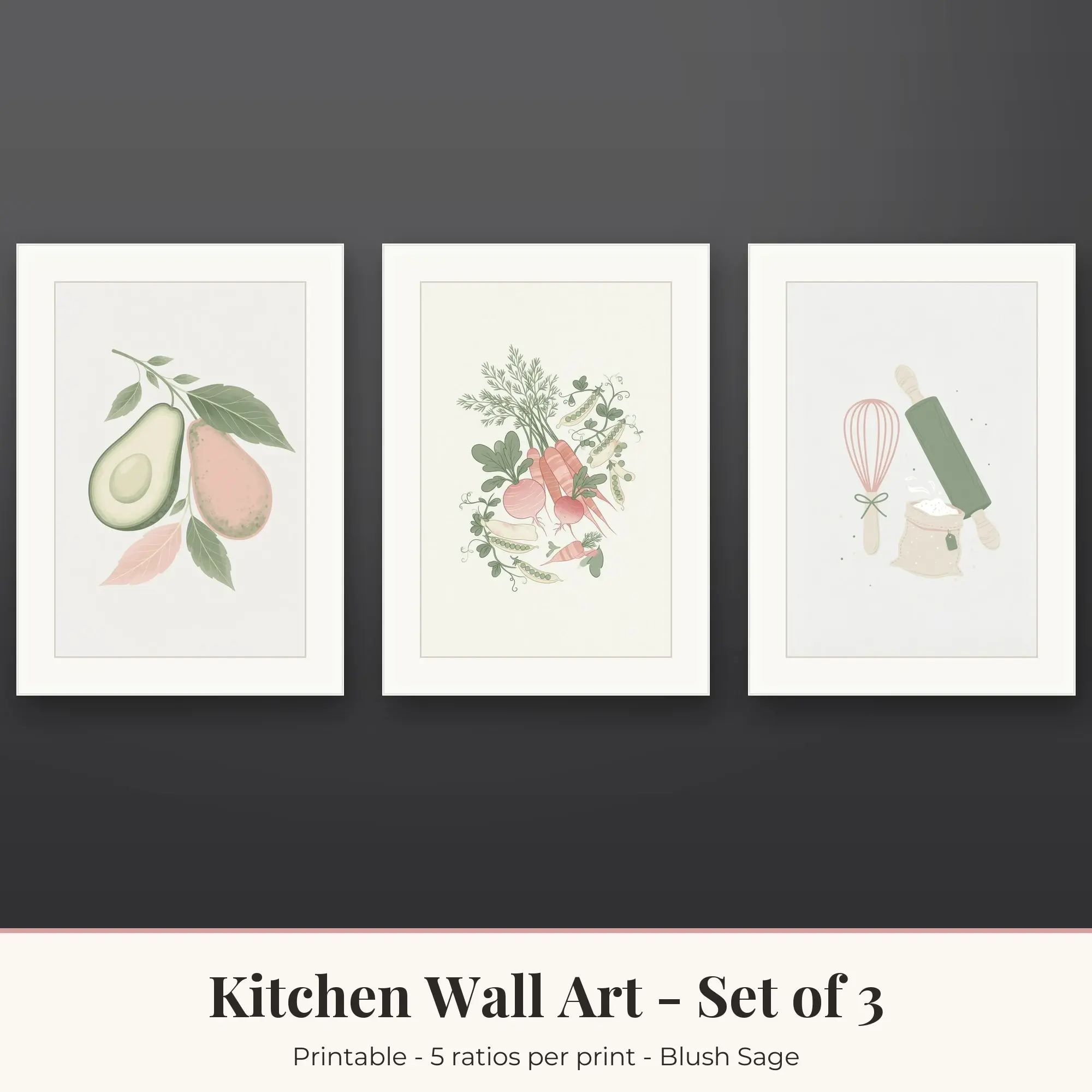 Kitchen Wall Art Set of 3, Blush Sage Avocado & Vegetable Harvest preview