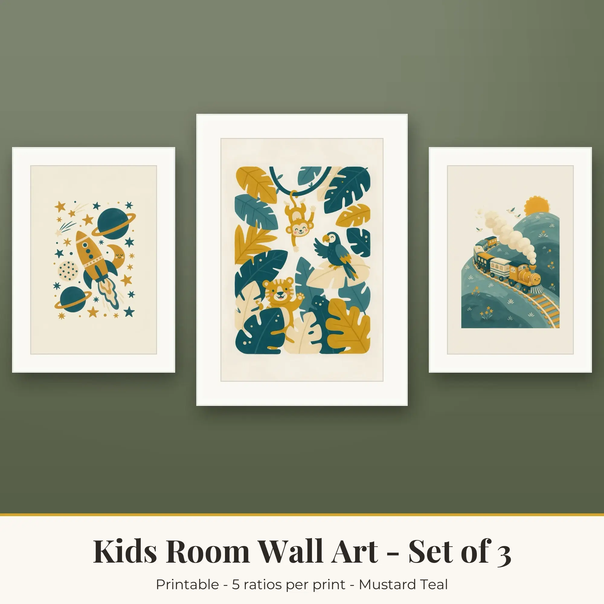 Kids Room Wall Art Set of 3, Mustard Teal Outer Space & Jungle Animals preview