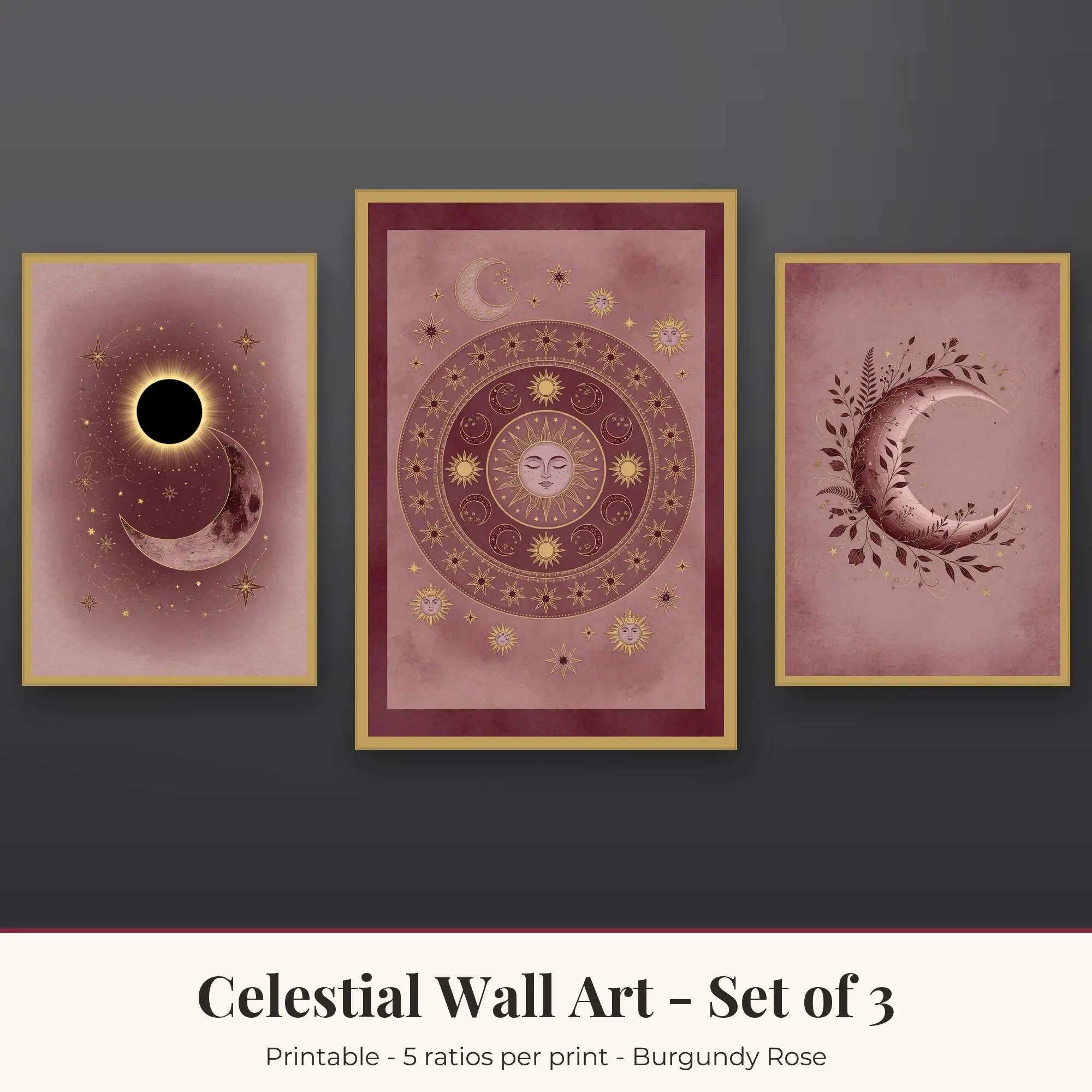 Celestial Wall Art Set of 3, Burgundy Rose Eclipse & Celestial Mandala preview